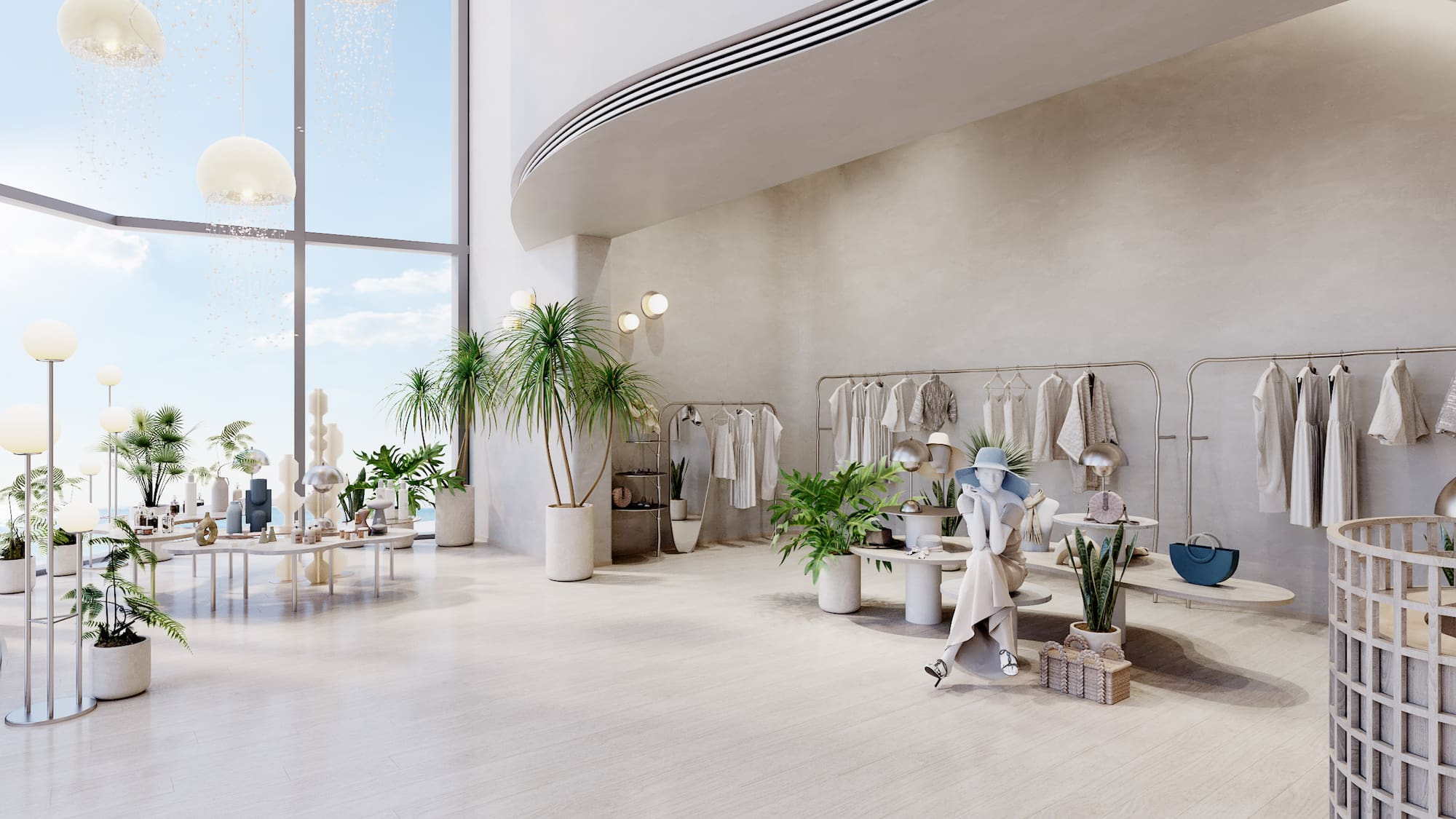 Bright, minimalist fashion boutique with clothing racks, plants, and large windows.