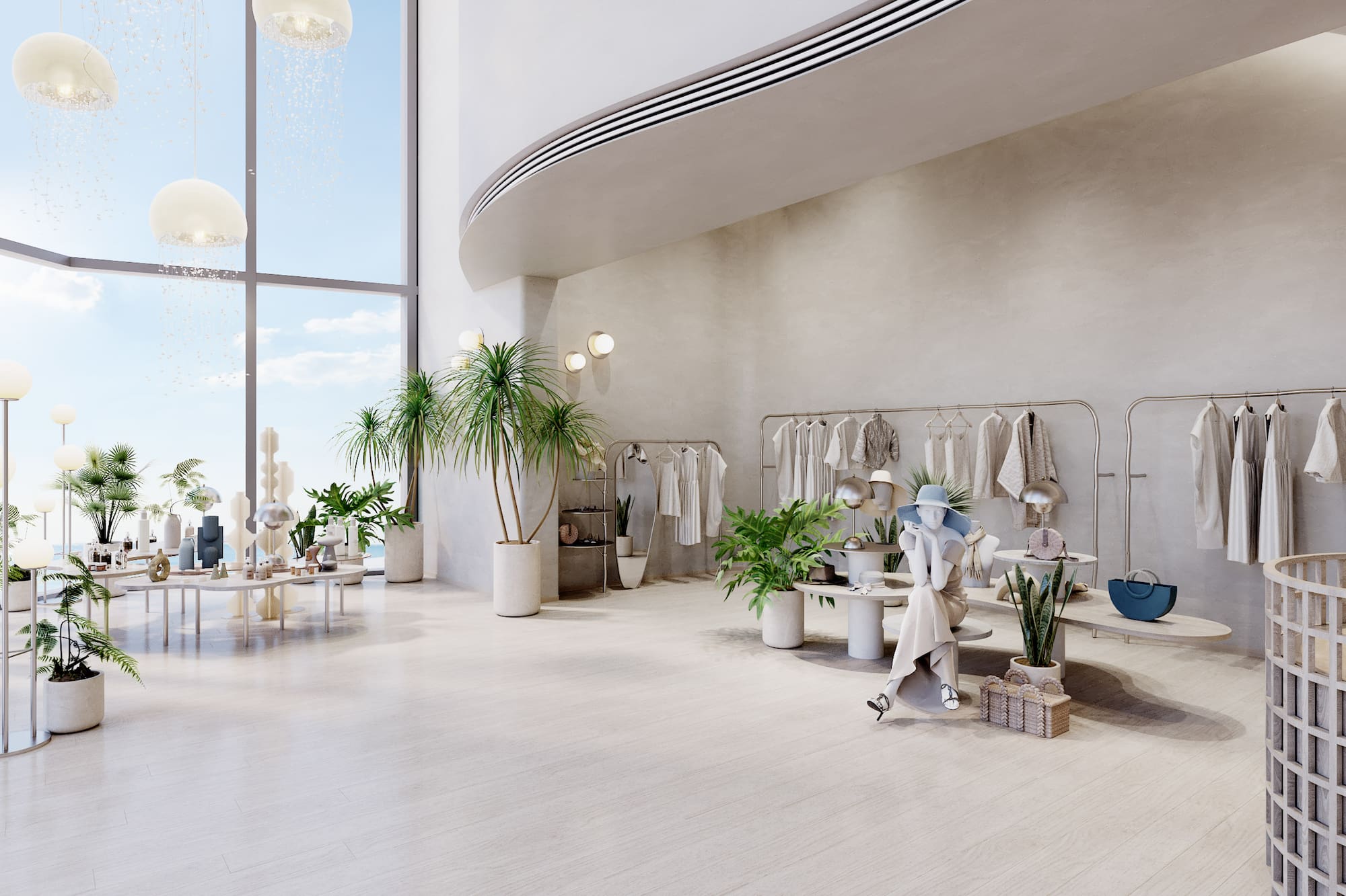 Bright, minimalist fashion boutique with clothing racks, plants, and large windows.