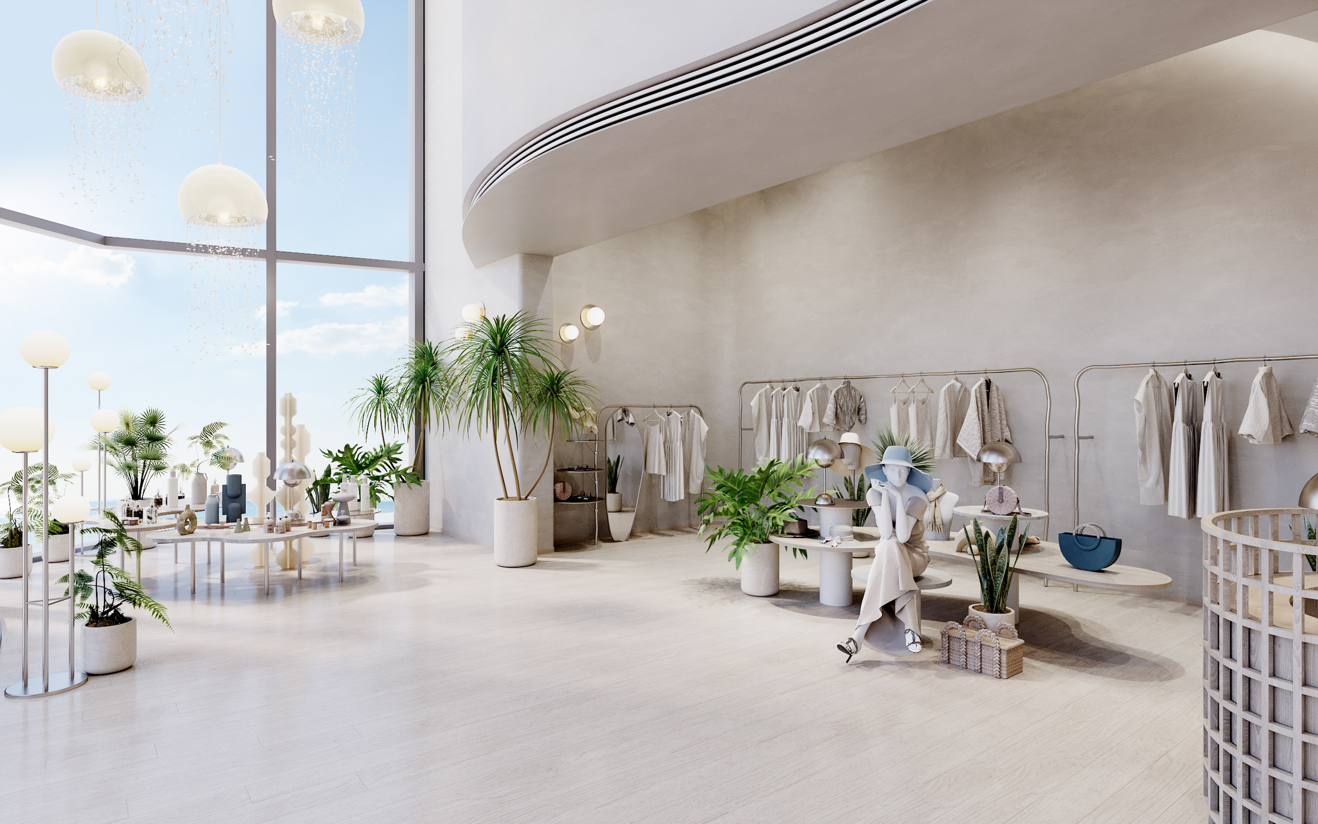 Bright, minimalist fashion boutique with clothing racks, plants, and large windows.