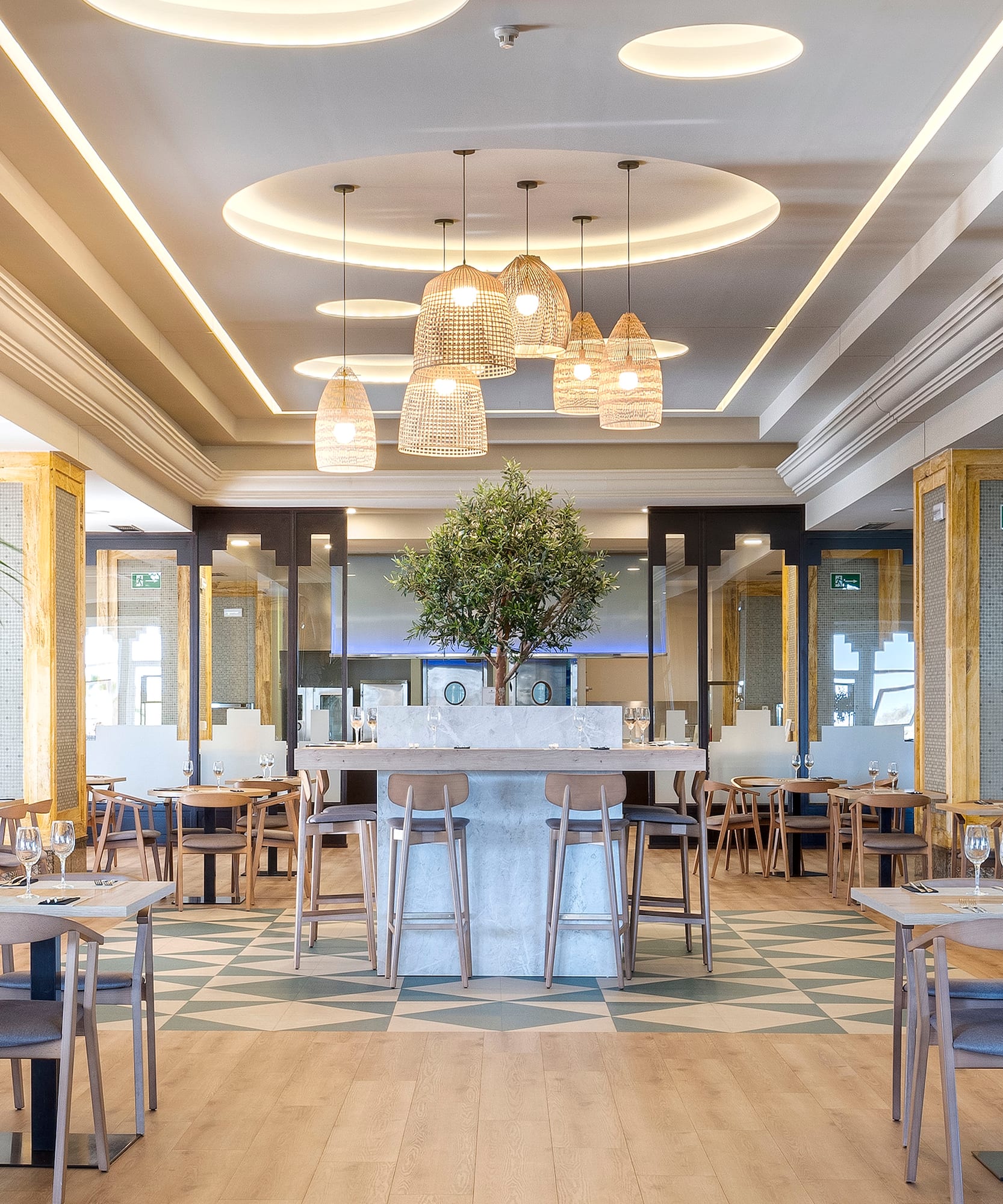 a room with tables and chairs