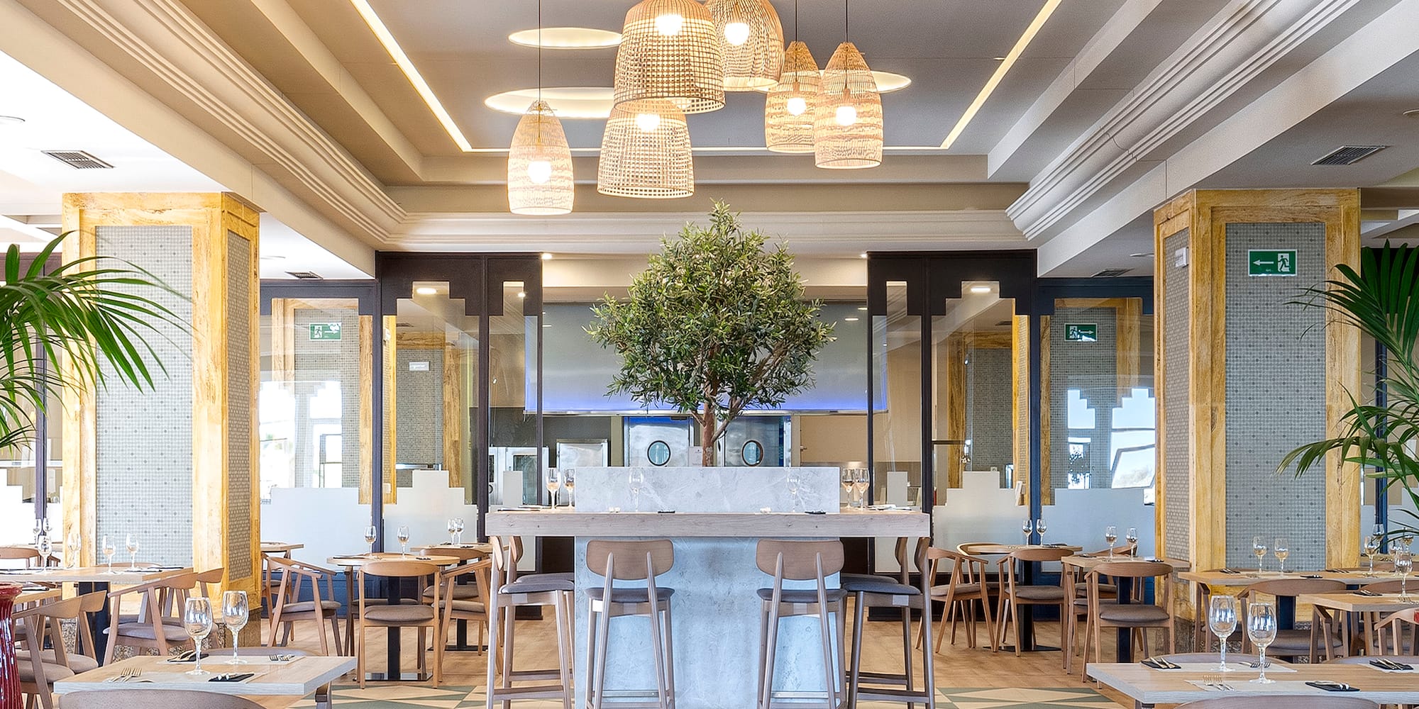 a room with tables and chairs