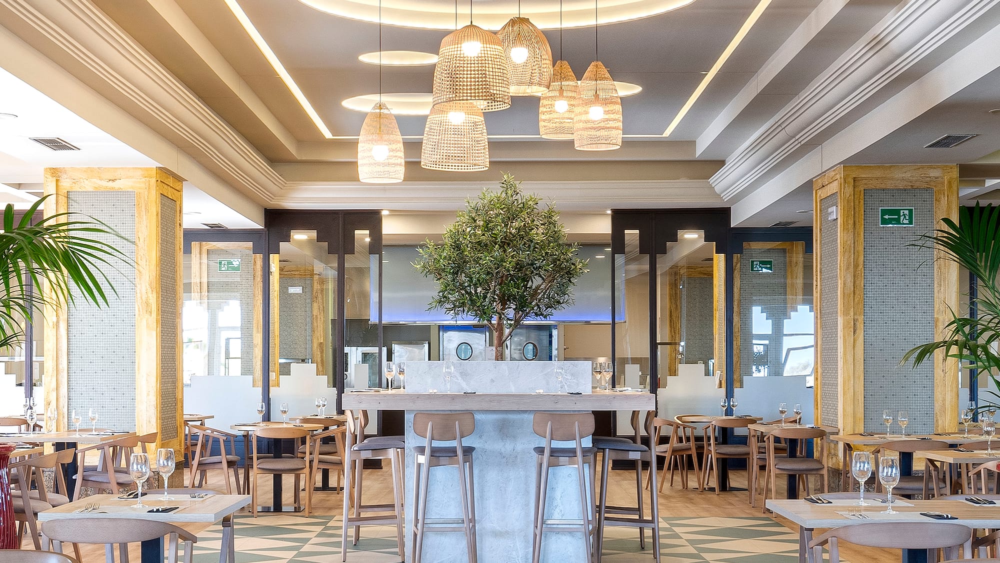 a room with tables and chairs