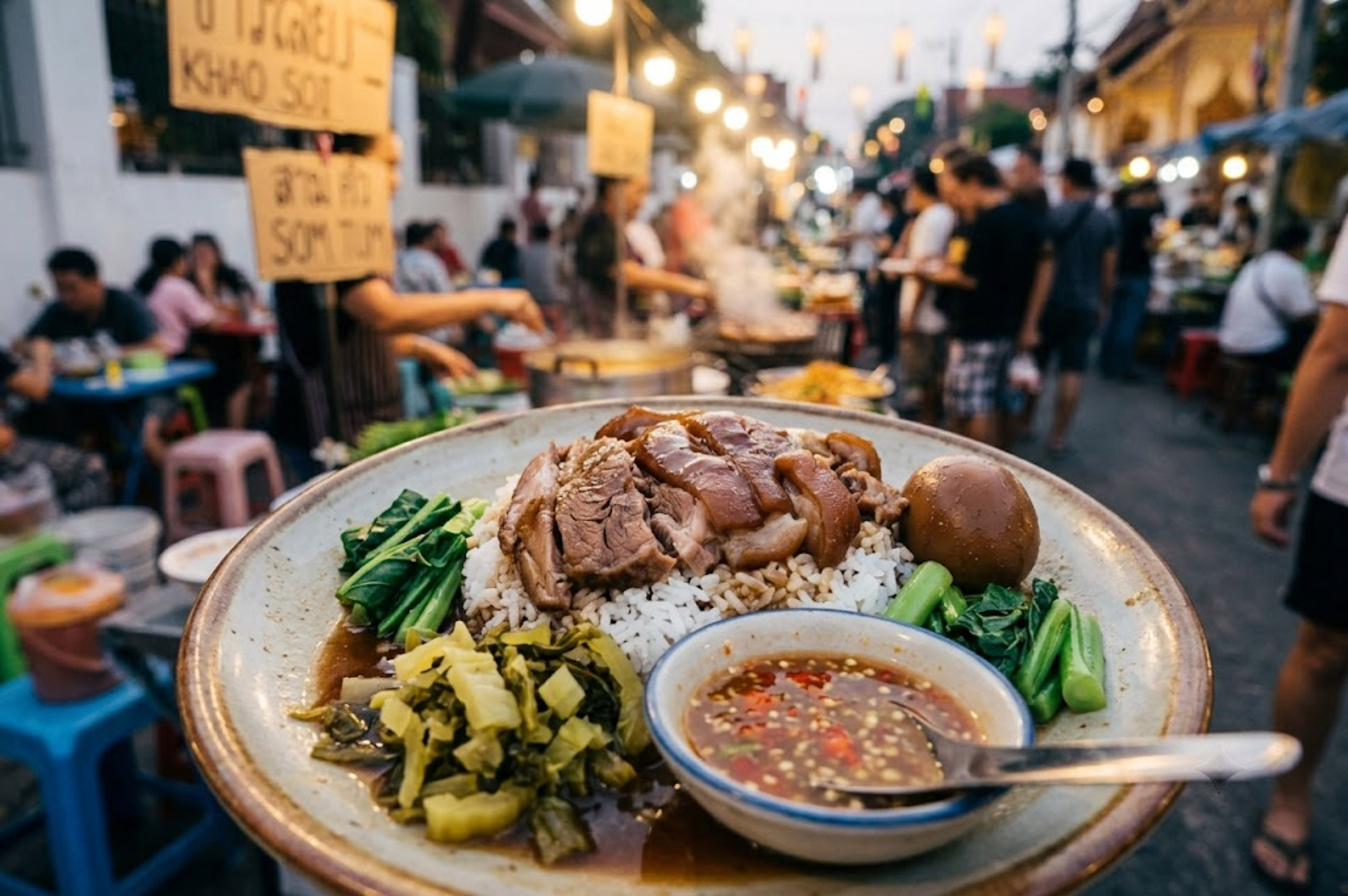 Thai braised pork leg with rice, egg, greens at a bustling night food market.