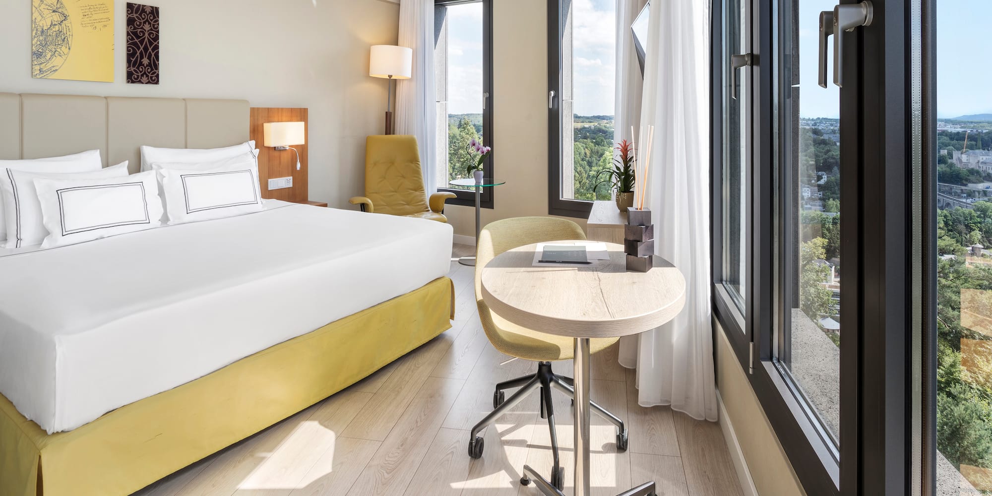 a room with a bed and a table