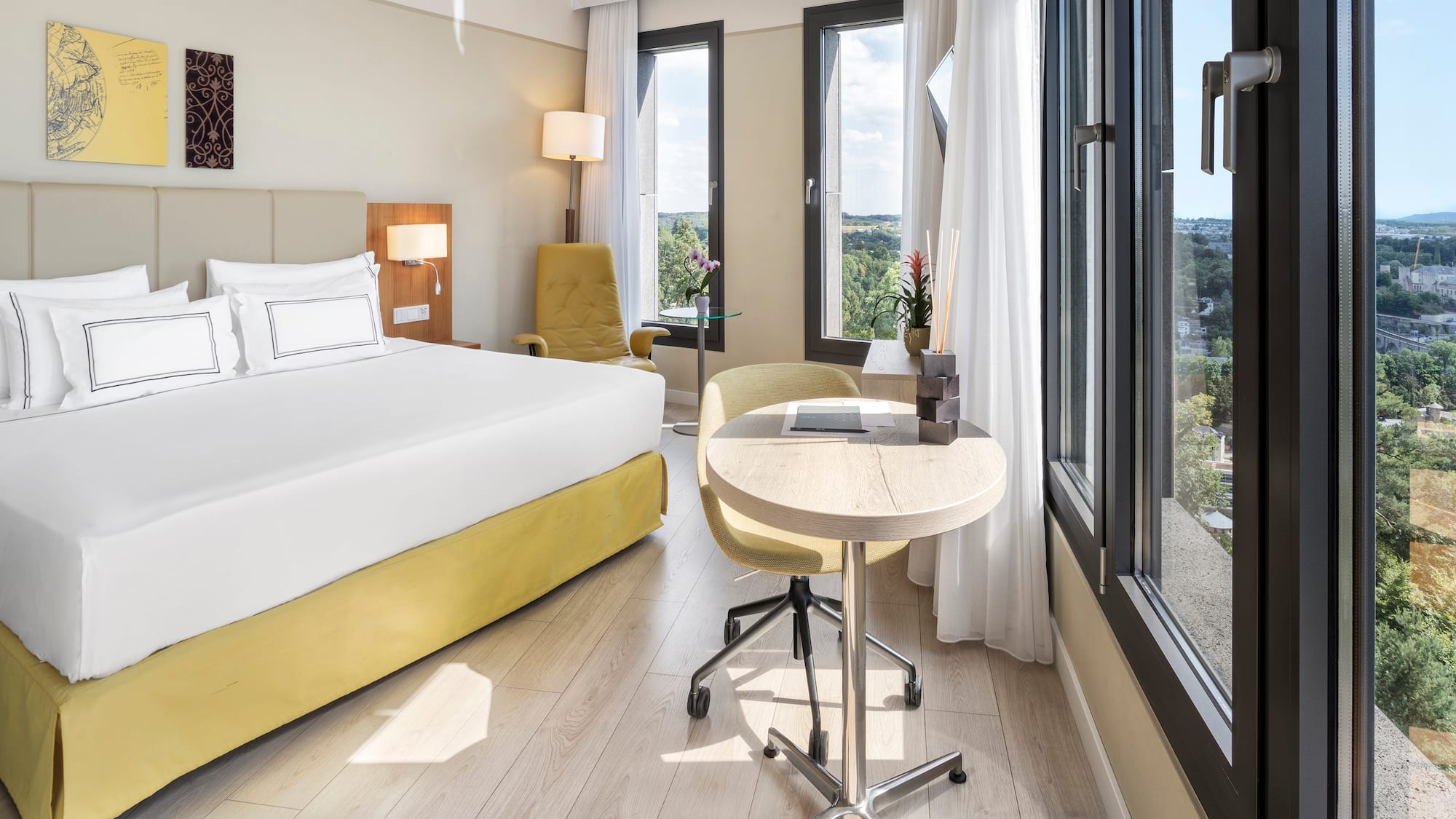 a room with a bed and a table