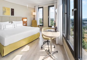 a room with a bed and a table