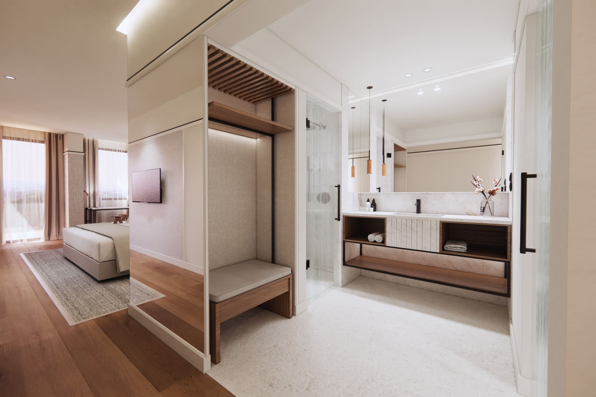 Diseño interior de dormitorio moderno con baño integrado y madera. - Superior Room con Balcón Vista Golf  - Hotel Golf Santa Ponsa Meliá Collection, Mallorca