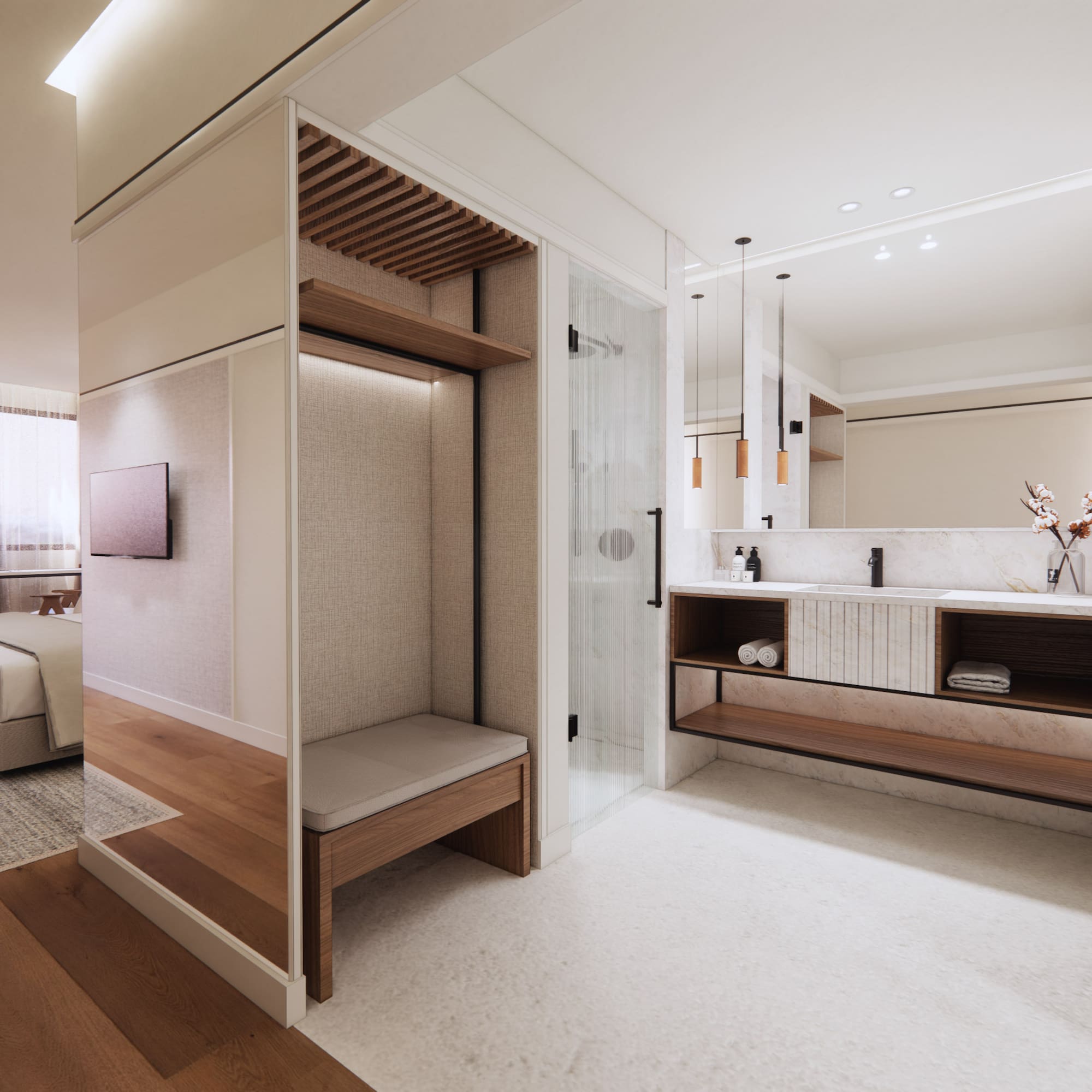 Modernes Hotelzimmer mit offener Badezimmergestaltung, Holzmöbeln und Doppelwaschbecken. - Superior Room mit Balkon und Golfblick - Hotel Golf Santa Ponsa Meliá Collection, Mallorca