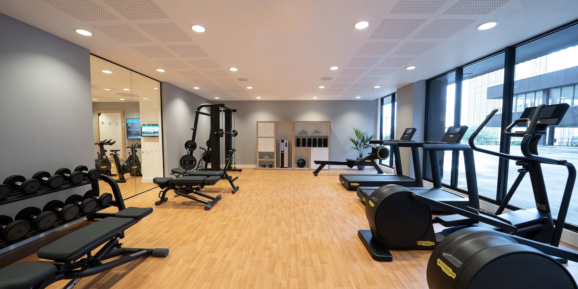 a gym with exercise equipment