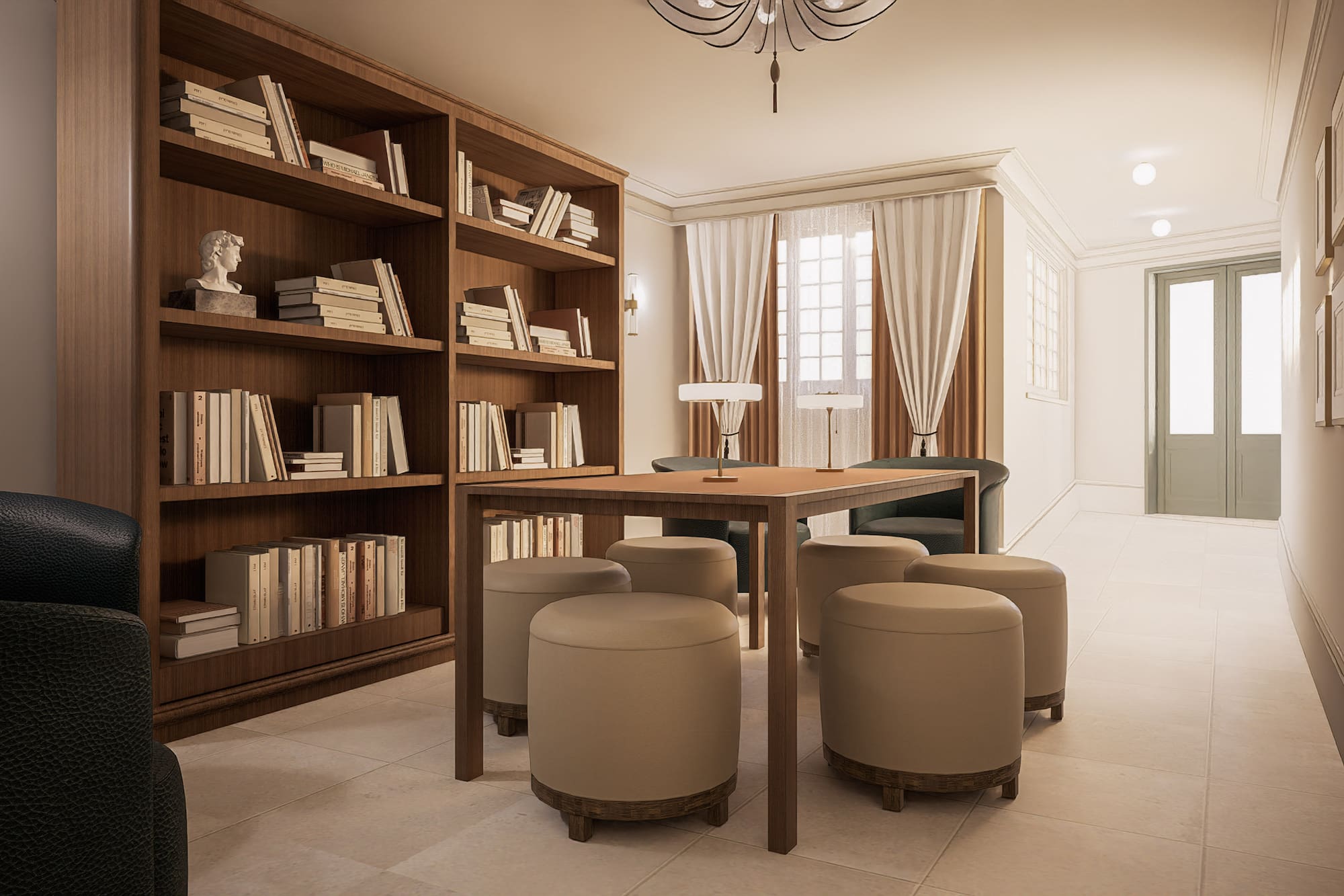 Stylish home library with built-in wooden bookshelf, study table, and round stools.