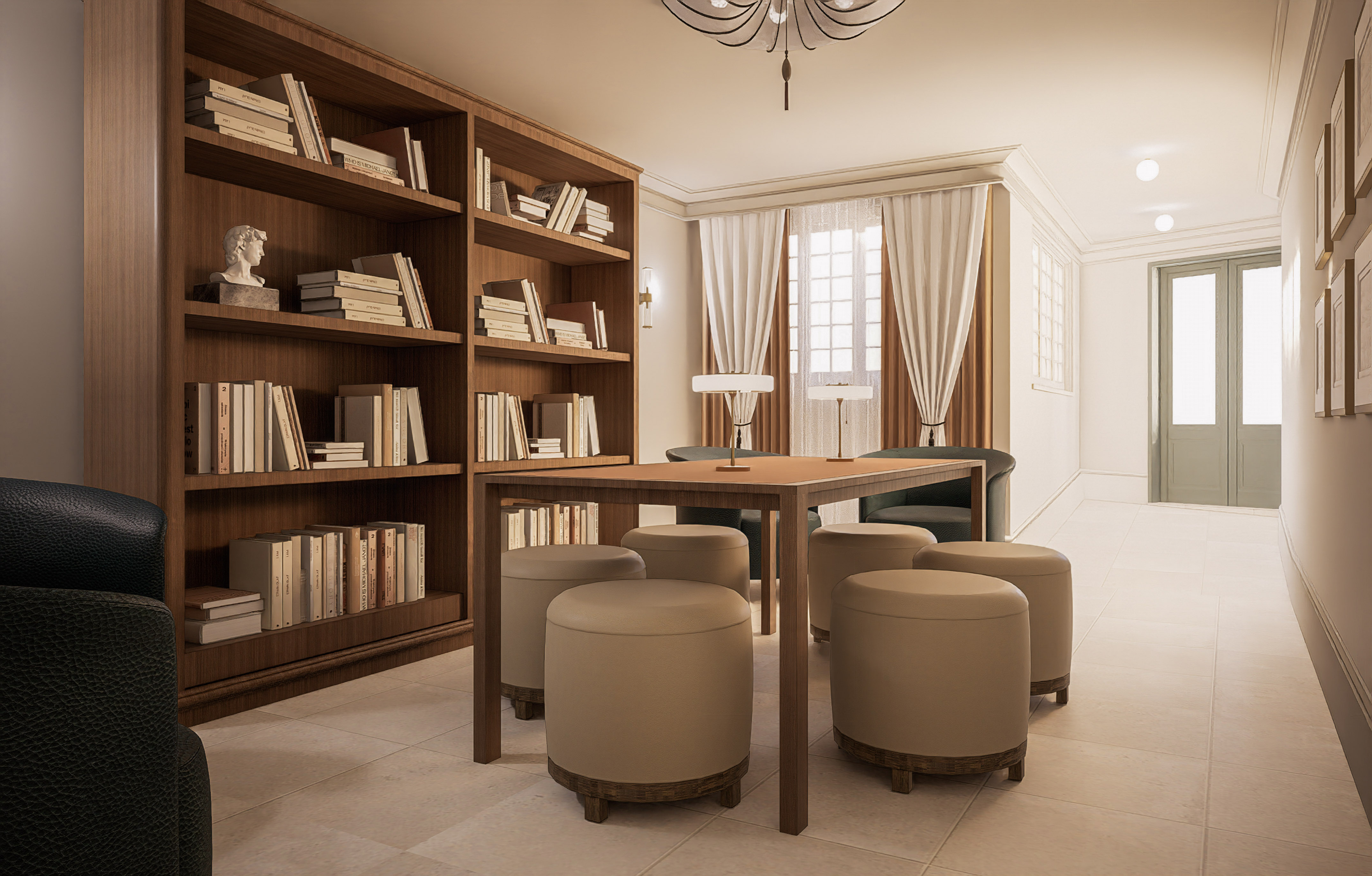 Stylish home library with built-in wooden bookshelf, study table, and round stools.