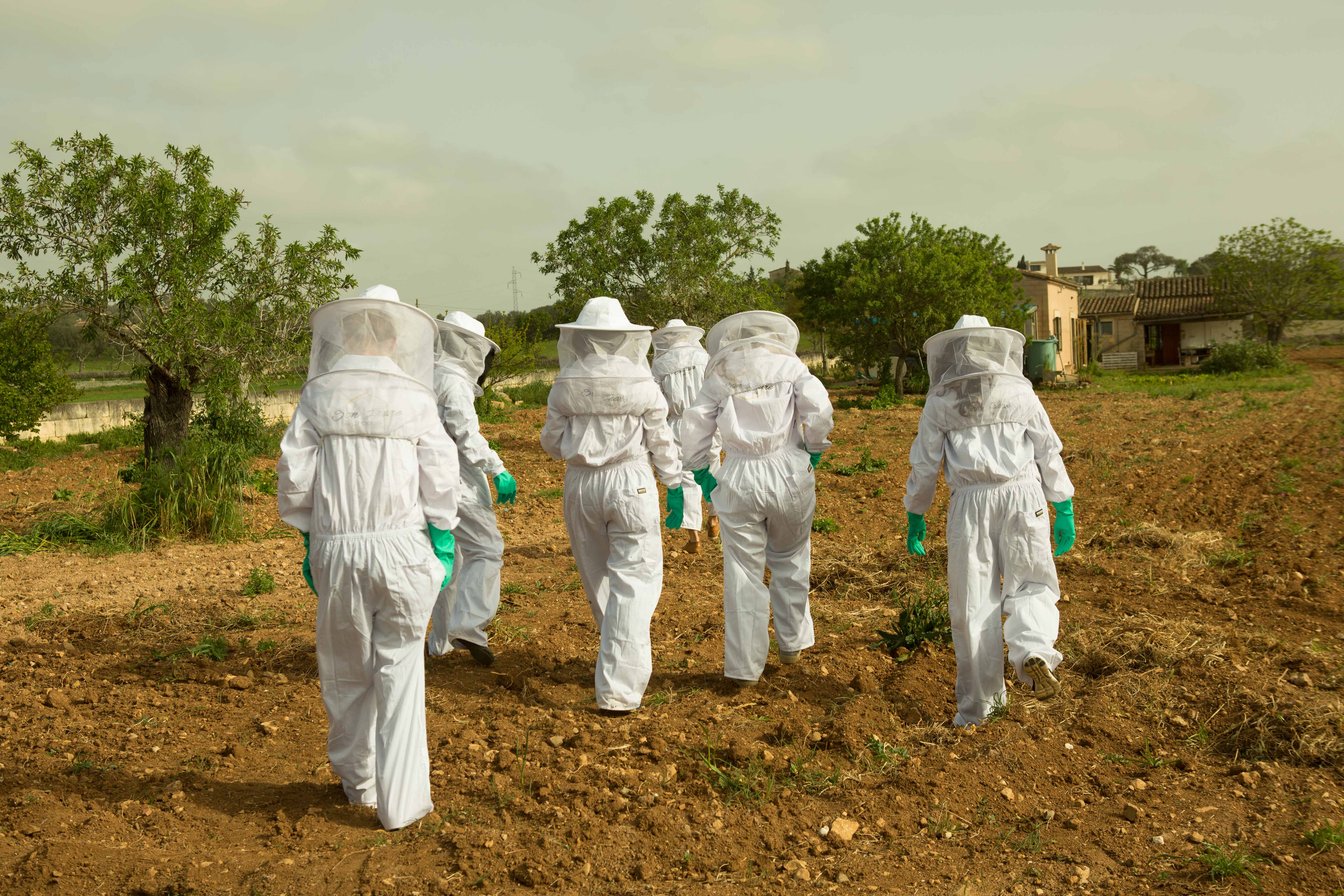 a group of people wearing white protective gear walking in a field