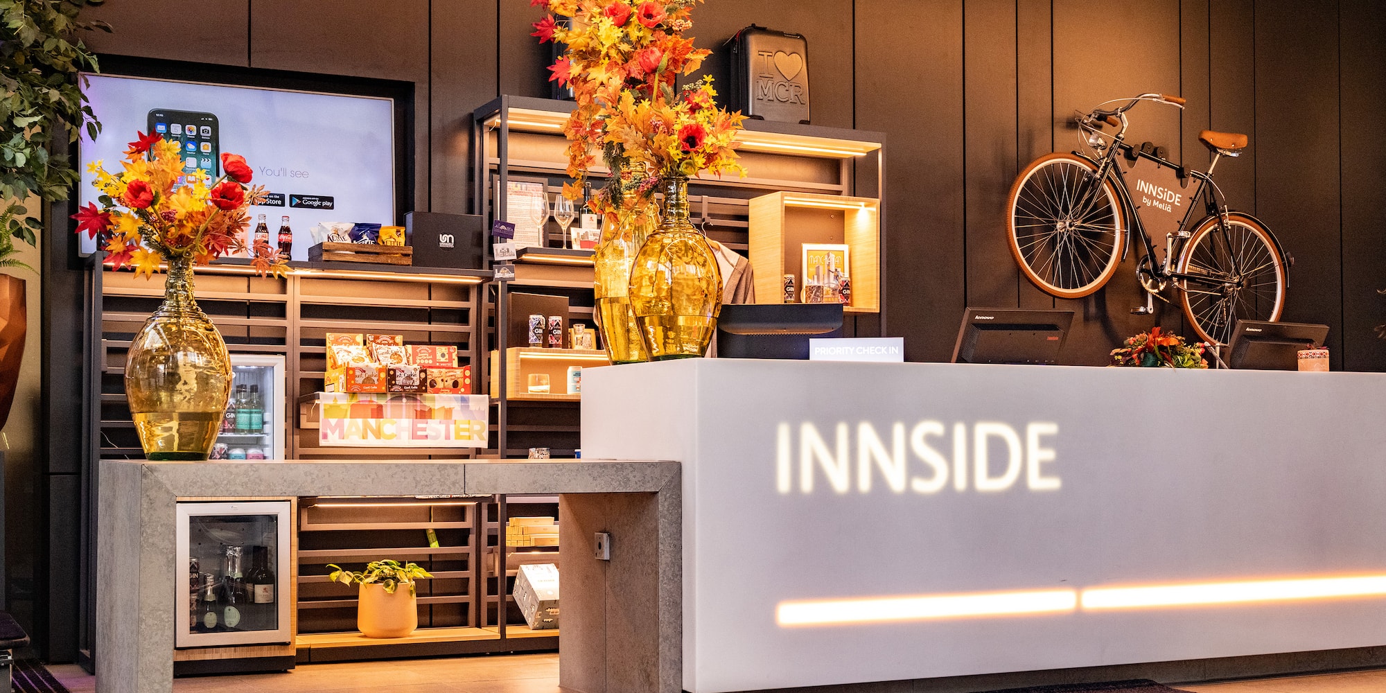 a store with a bike and a desk