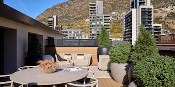 a patio with a table and chairs and trees in pots