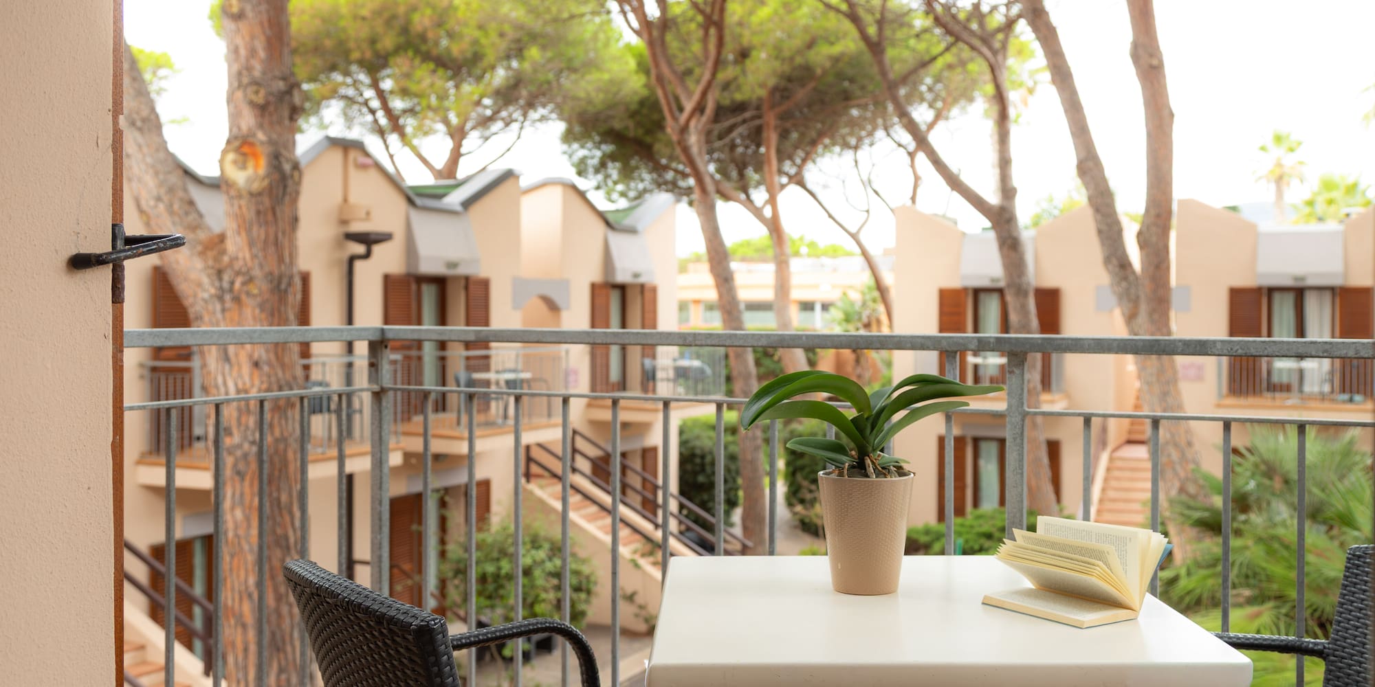 a table with a book and a plant on it