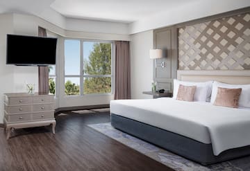 a bedroom with a large bed and a television