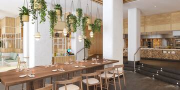 a long table with chairs and a table set in a room with plants from the ceiling
