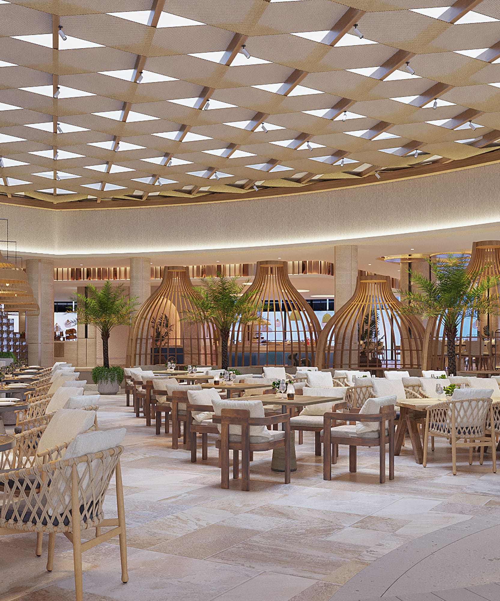 a large room with tables and chairs