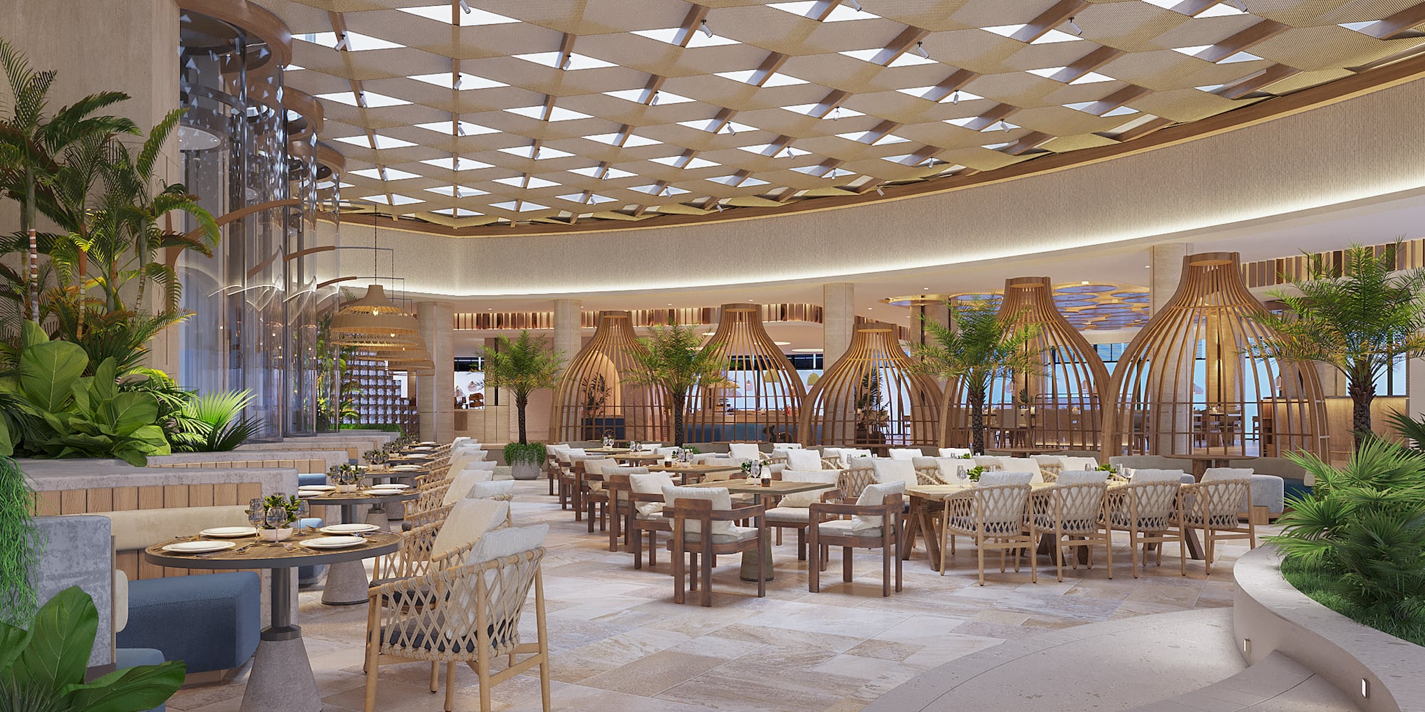 a large room with tables and chairs