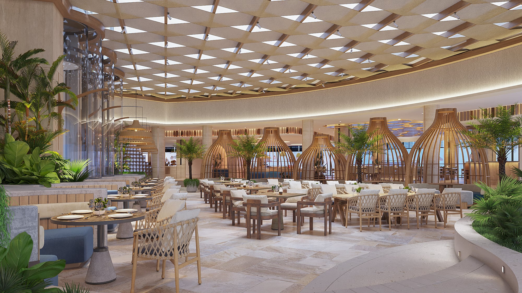 a large room with tables and chairs