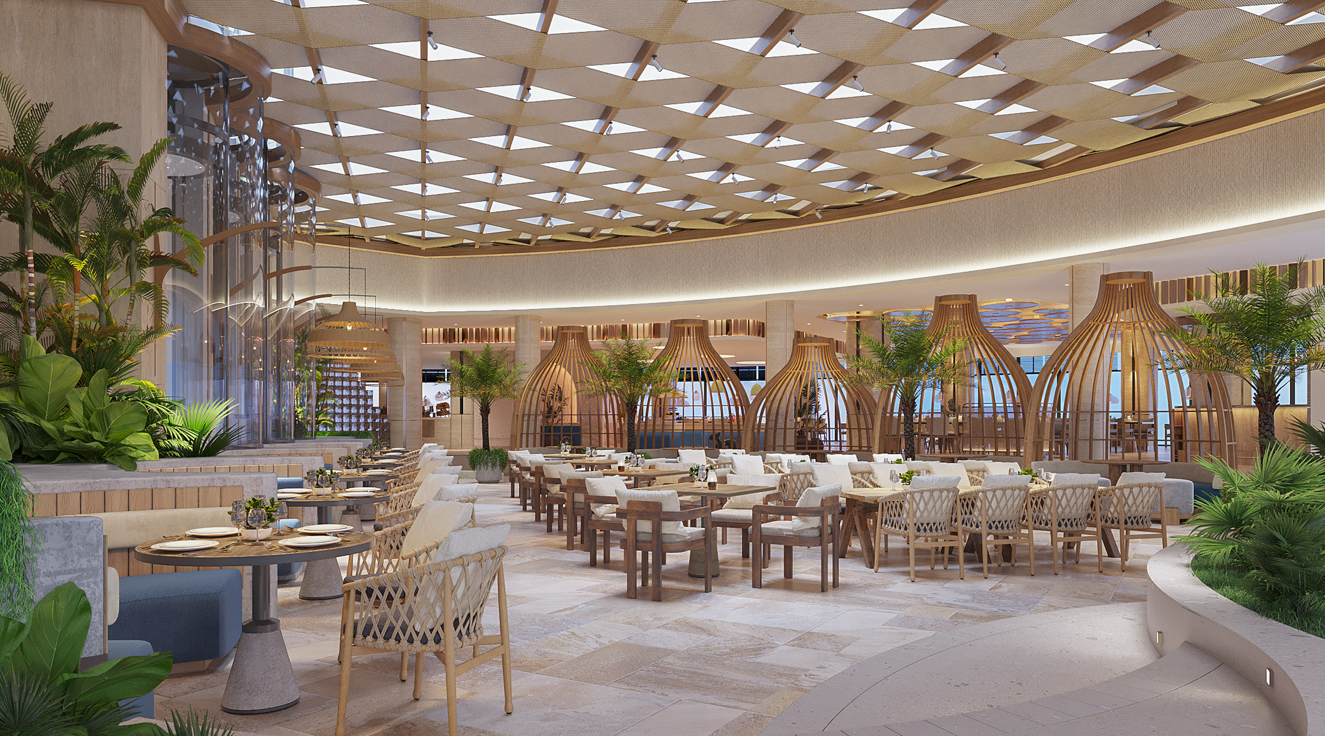 Modern tropical restaurant: elegant dining, lush plants, unique wooden architecture.