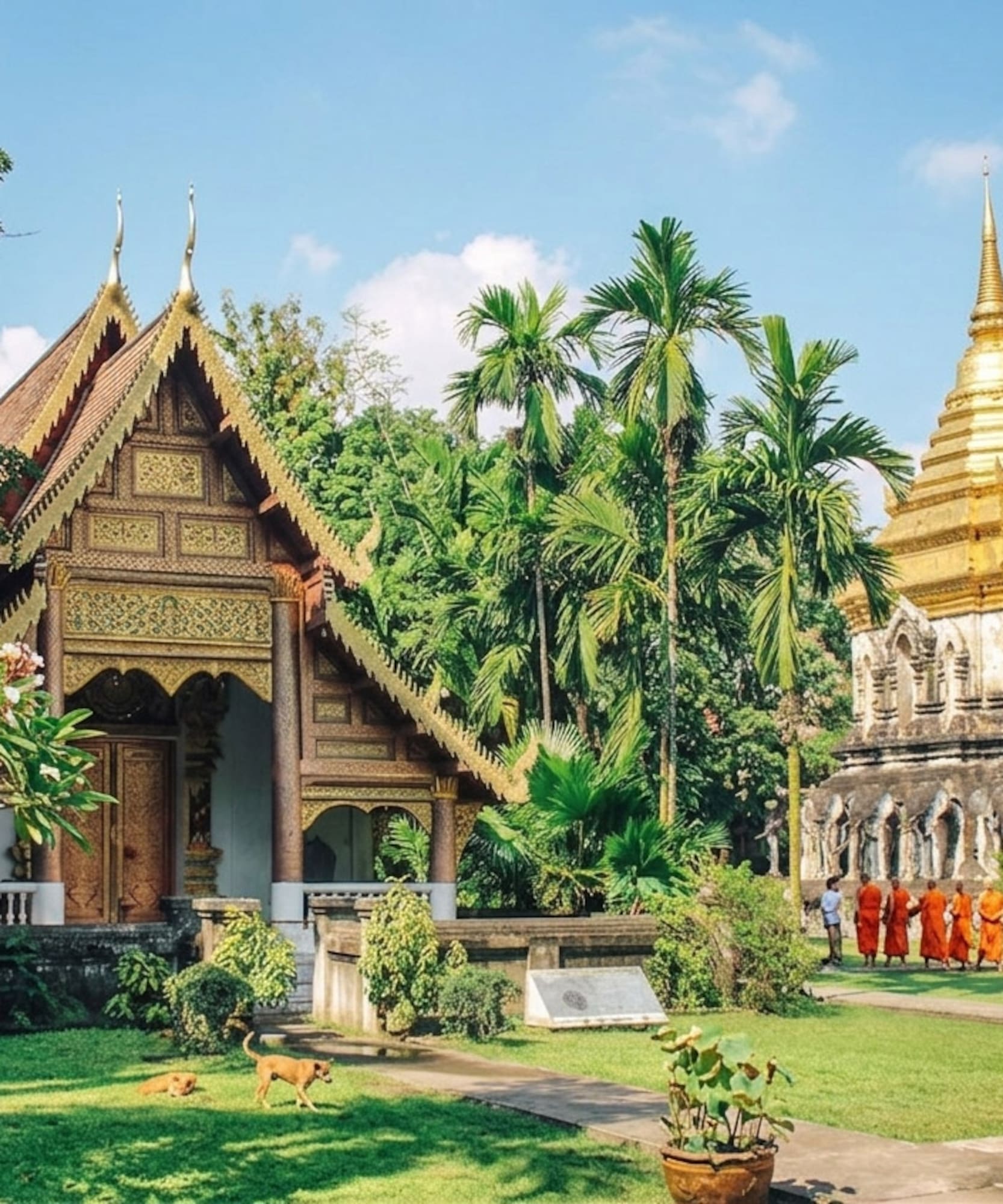 Golden stupa and ornate Thai temple with monks walking in a lush garden.