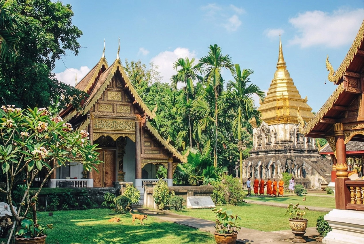 Golden stupa and ornate Thai temple with monks walking in a lush garden.