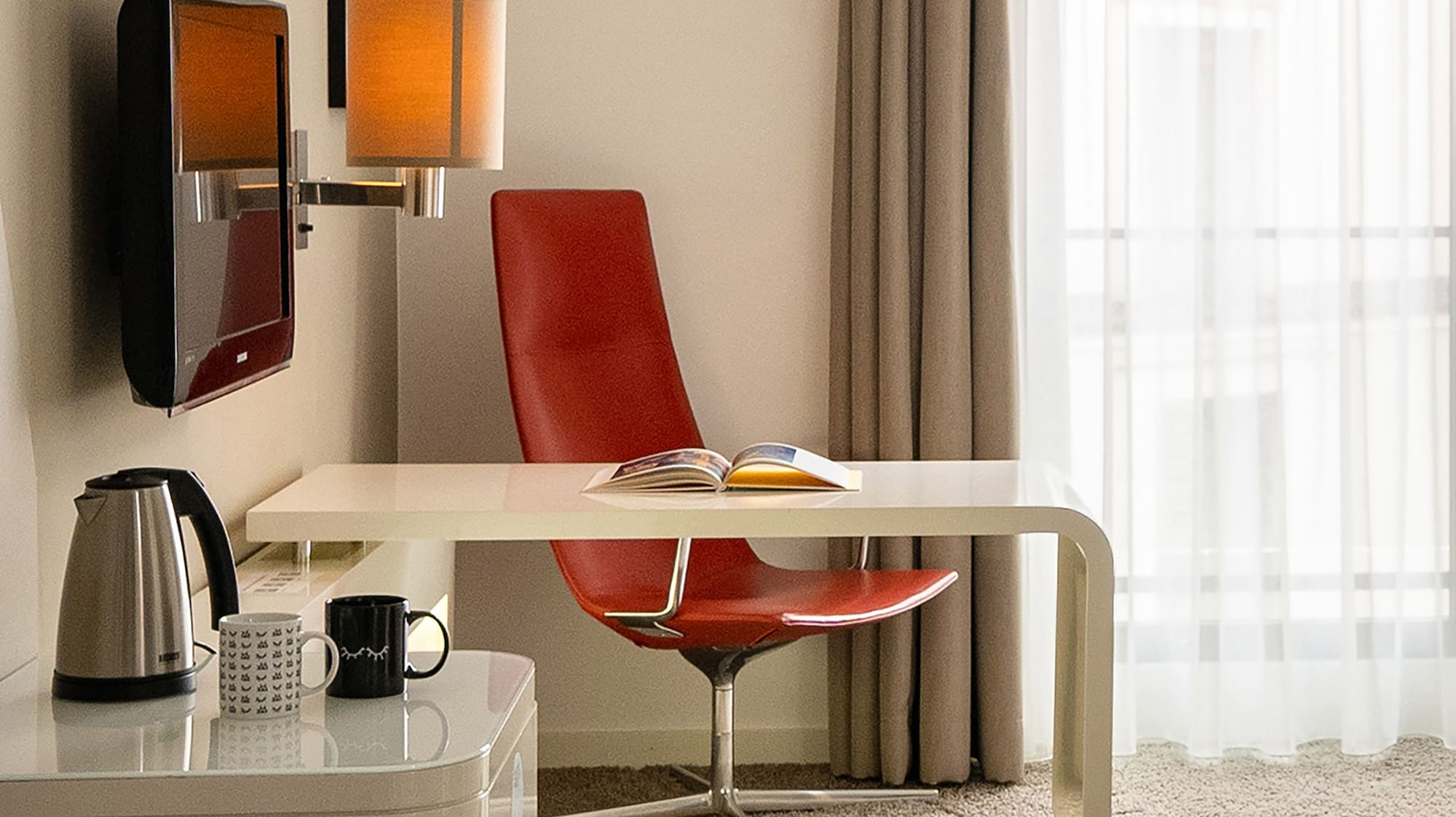 a room with a desk and chair