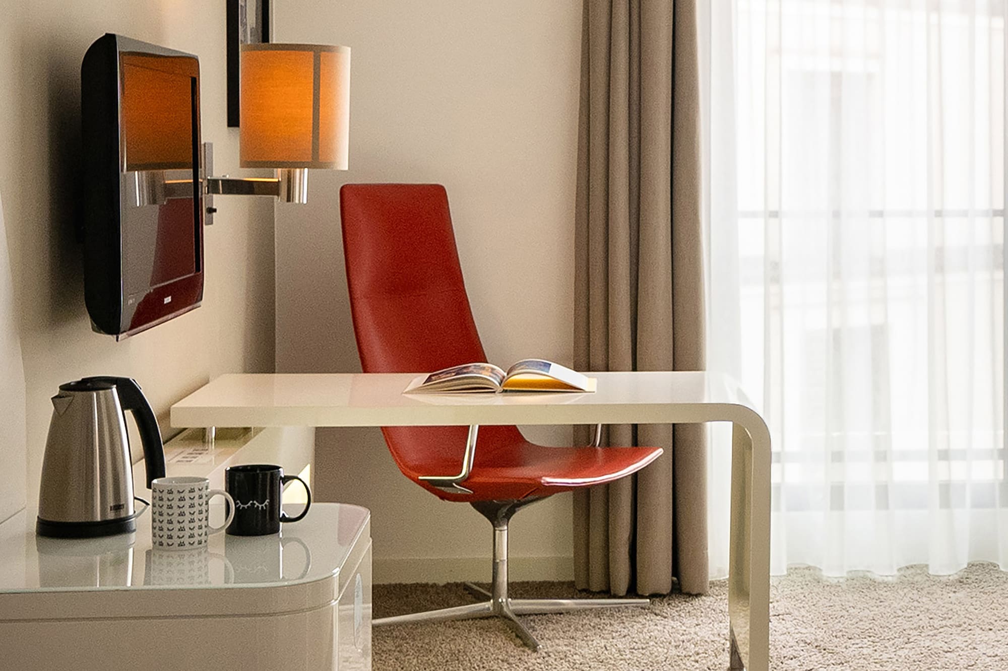 a room with a desk and chair