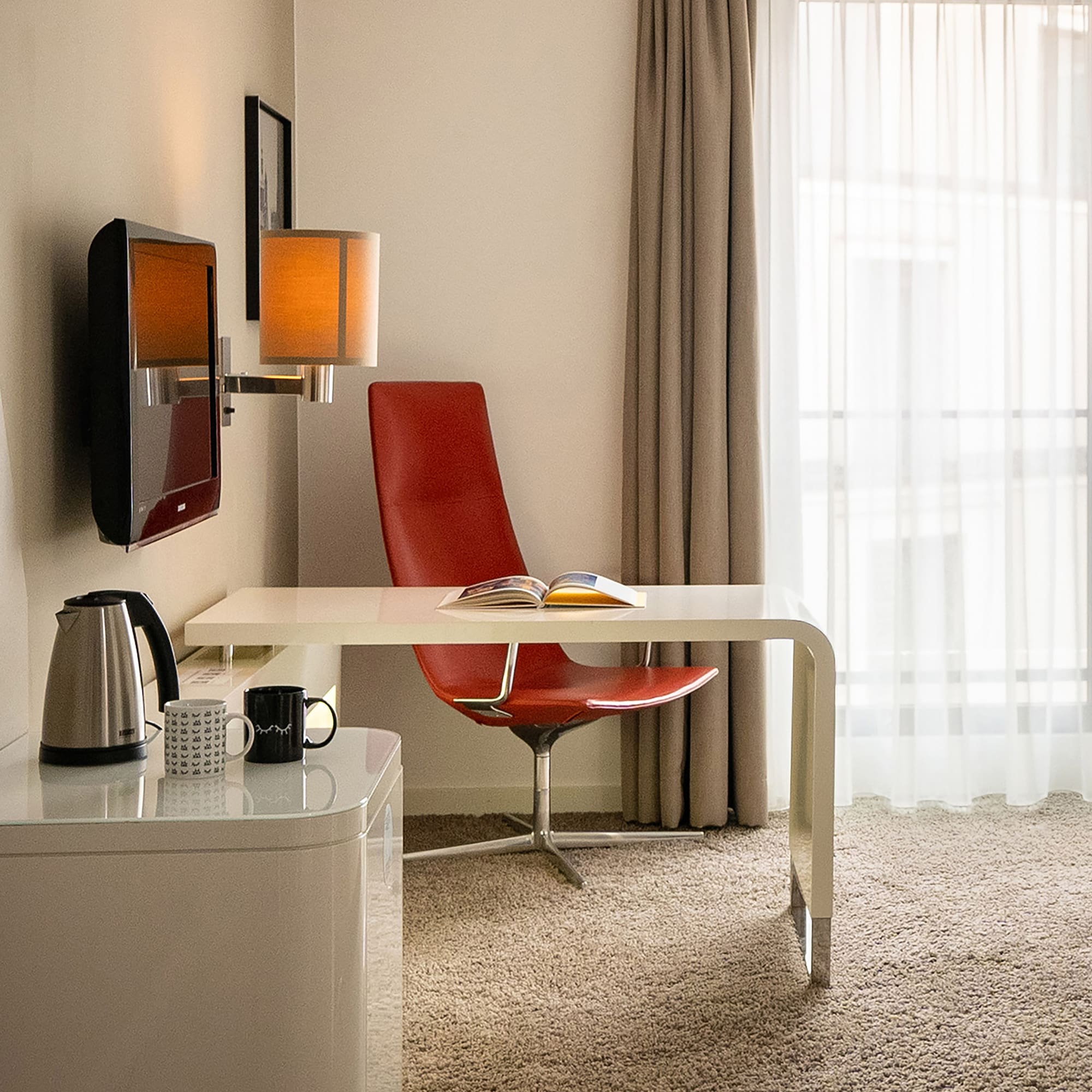 a room with a desk and chair