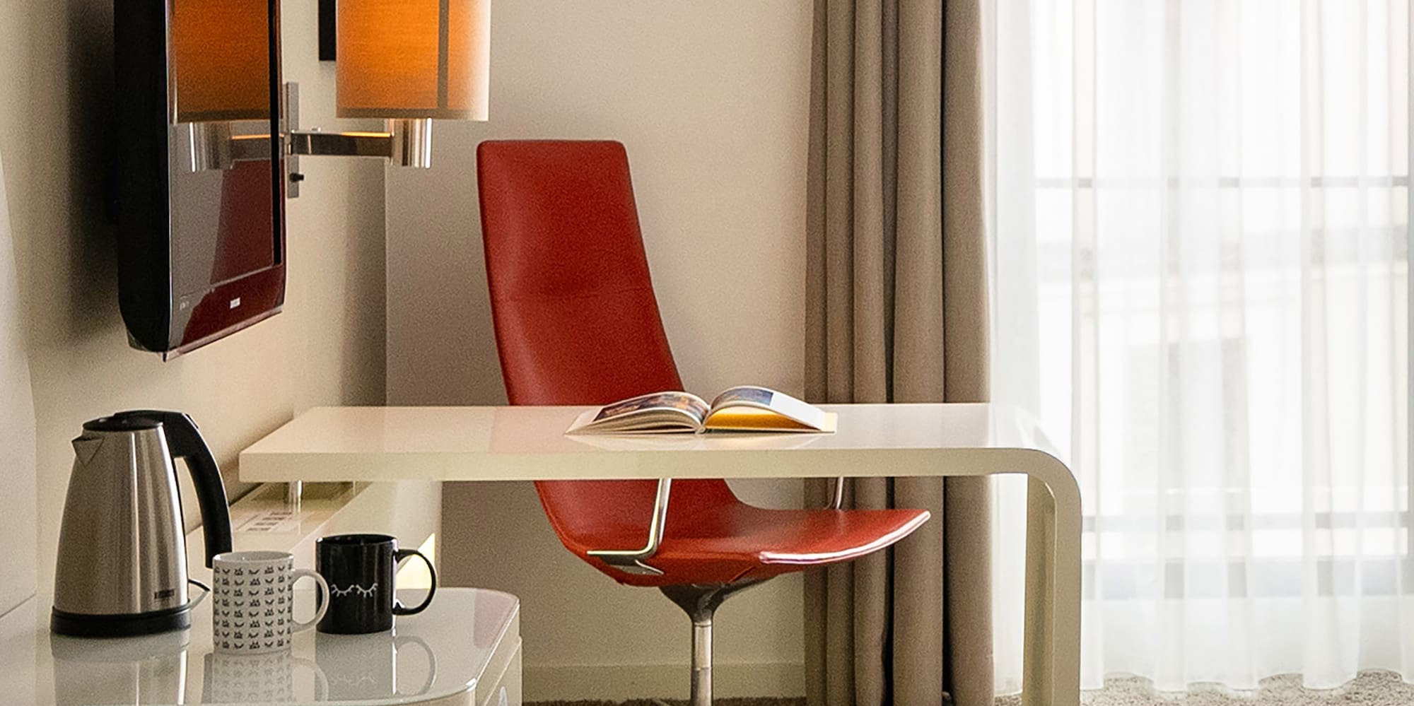 a room with a desk and chair