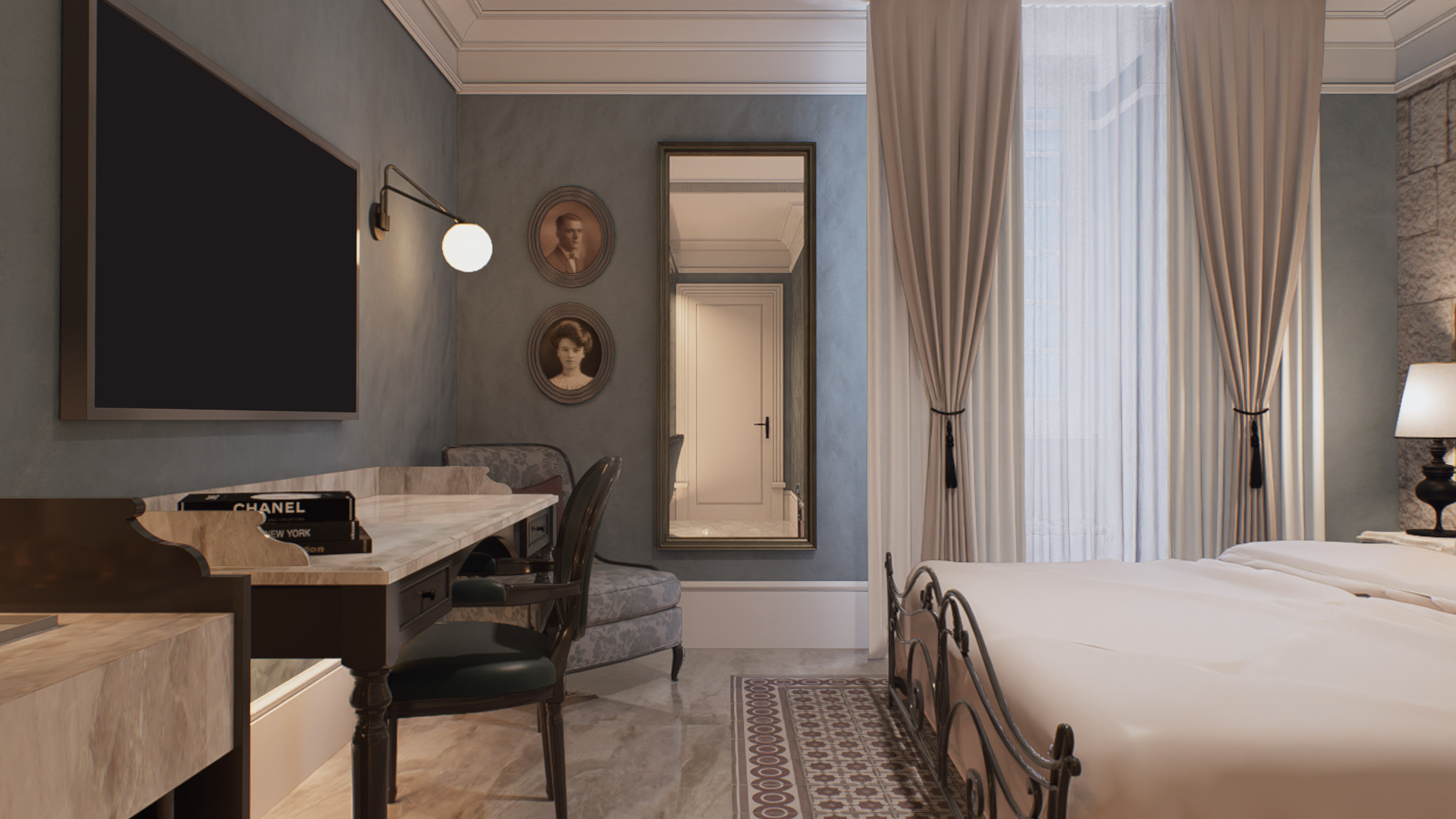 Elegant classic hotel bedroom with desk, TV, antique mirror, and ornate bed.