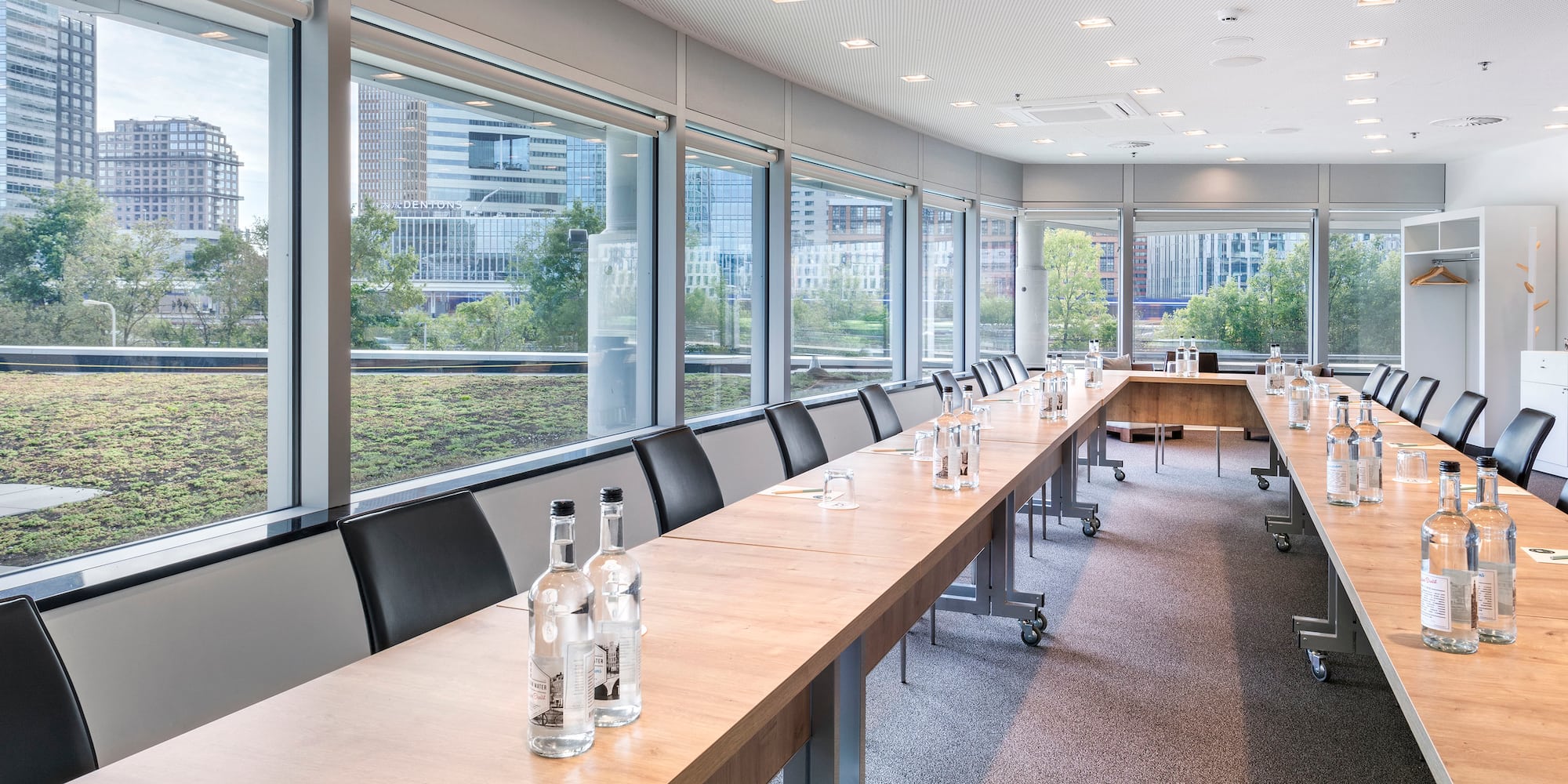 a long table with bottles on it
