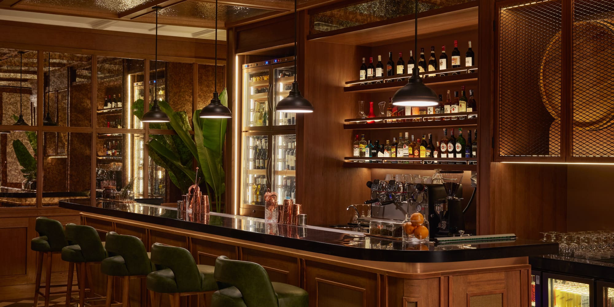 a bar with shelves of liquor and bottles