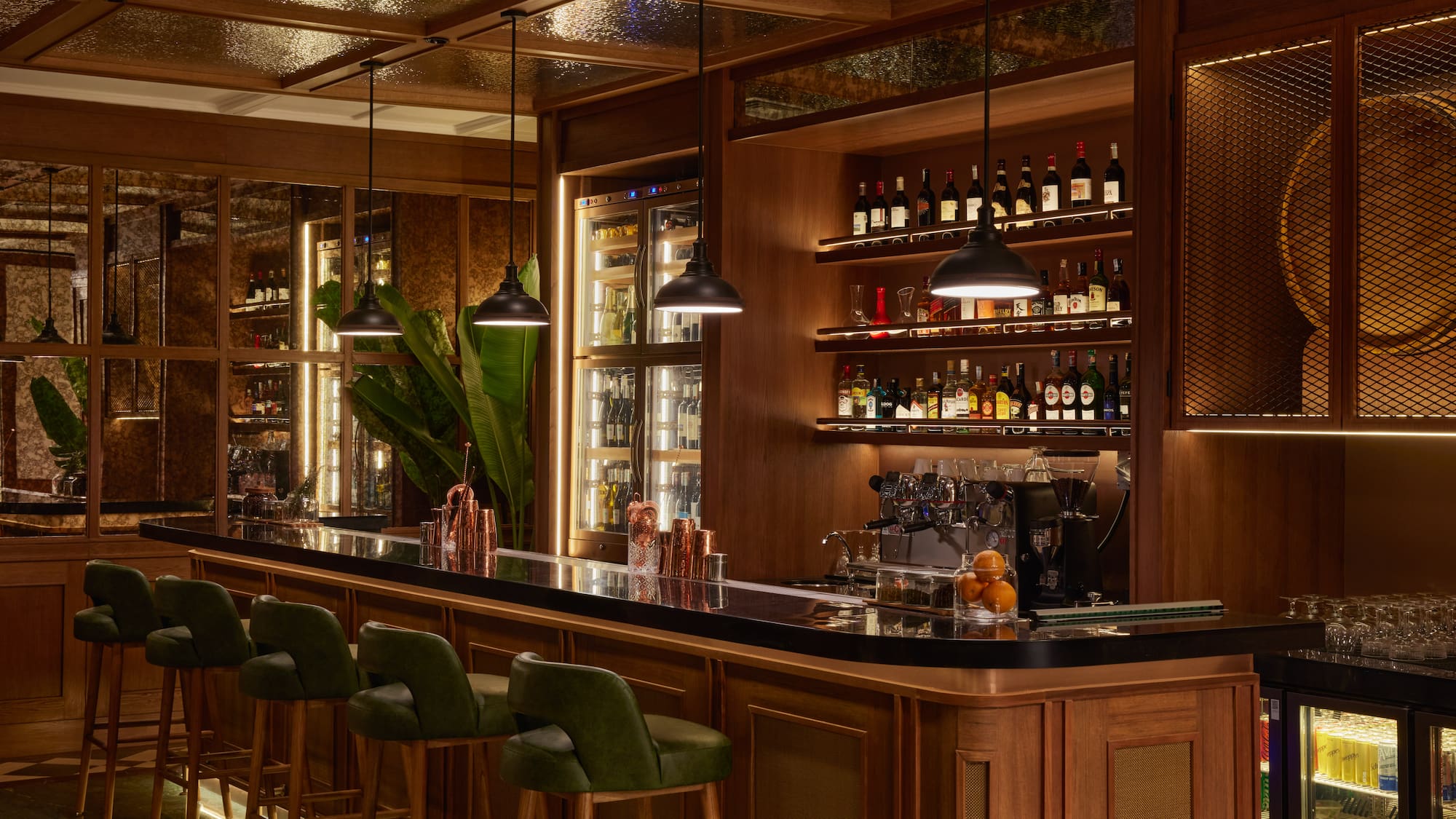 a bar with shelves of liquor and bottles