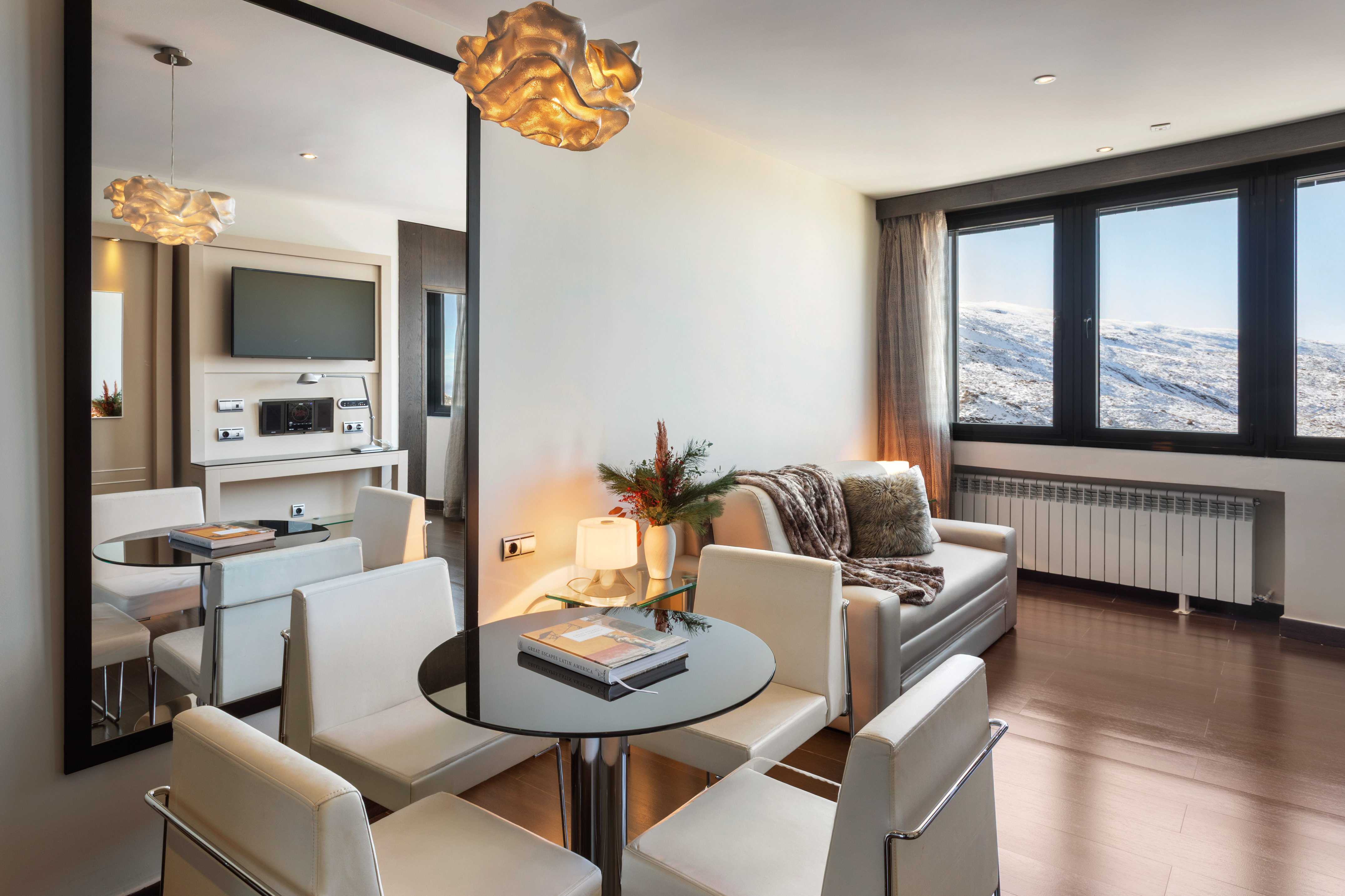 Modern studio apartment with dining area, sofa, and snowy mountain views.
