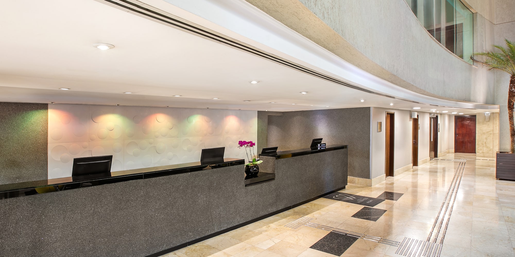 a lobby with a reception desk