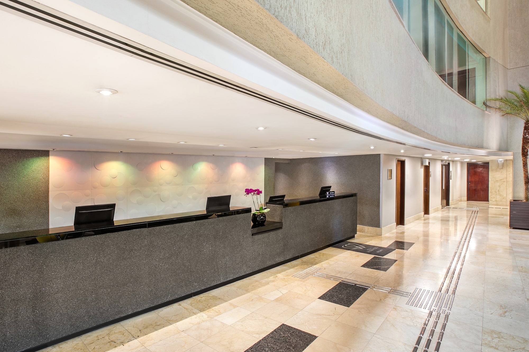 a lobby with a reception desk
