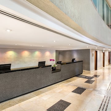 a lobby with a reception desk