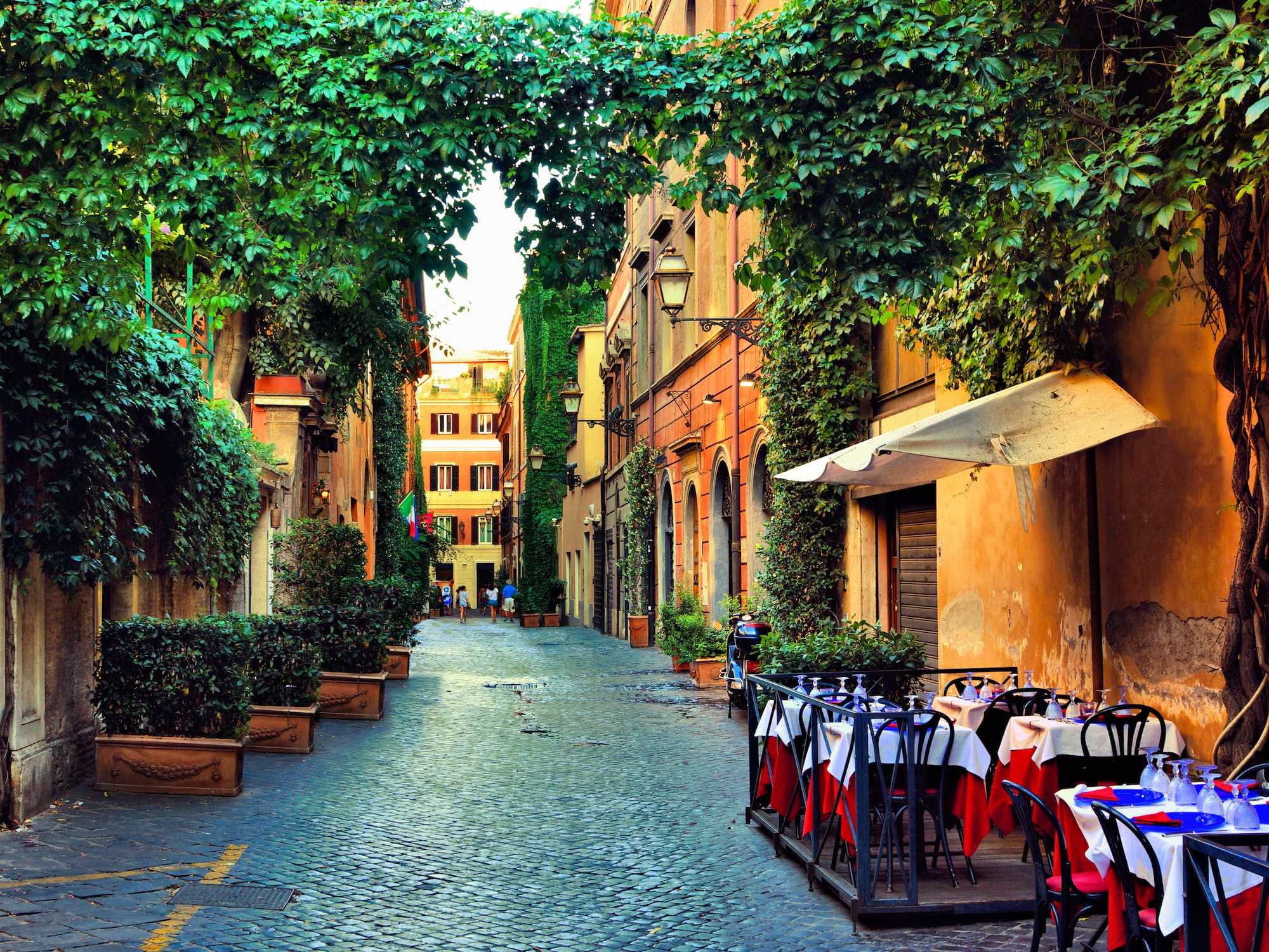 a street with tables and chairs and trees