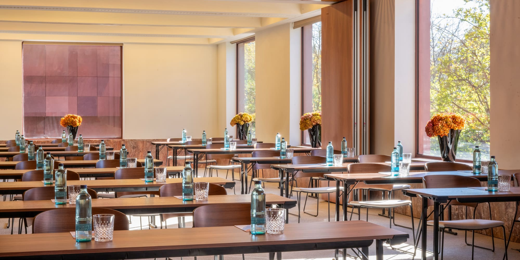 a room with tables and chairs