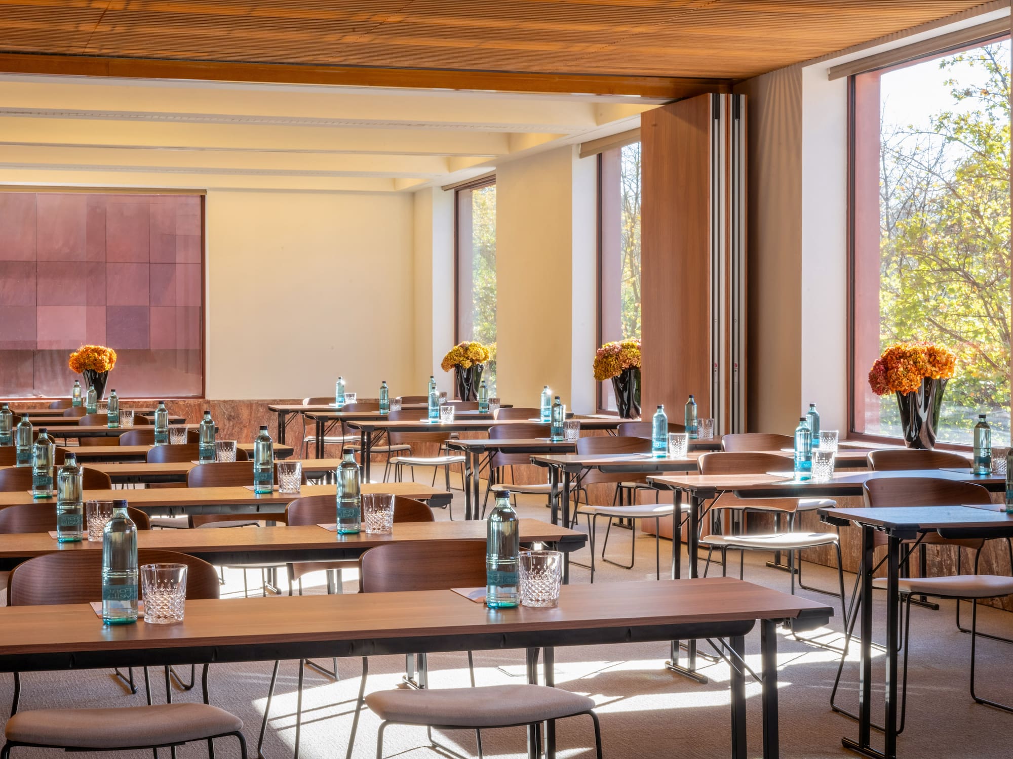 a room with tables and chairs