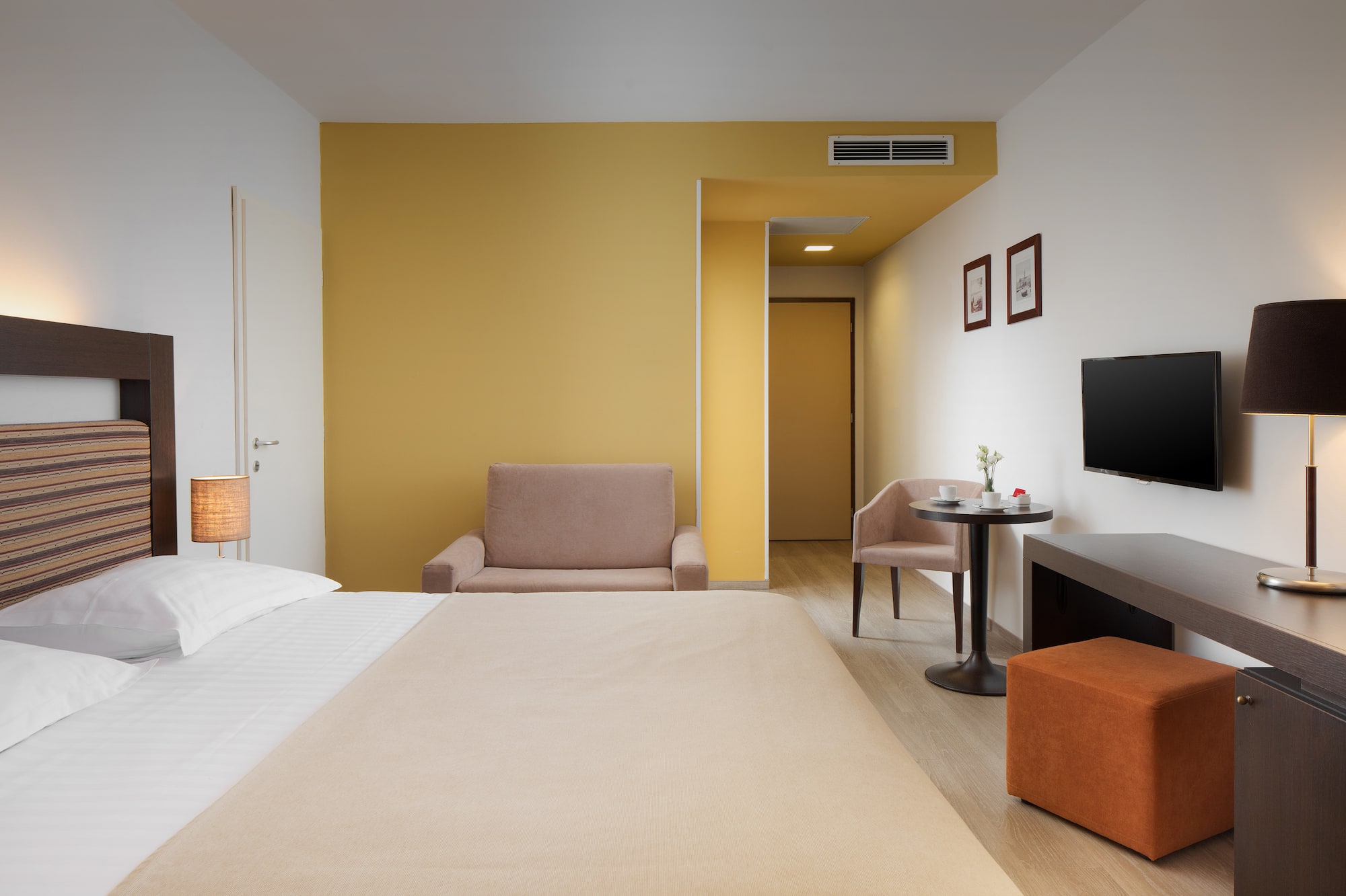 a room with a bed and a television