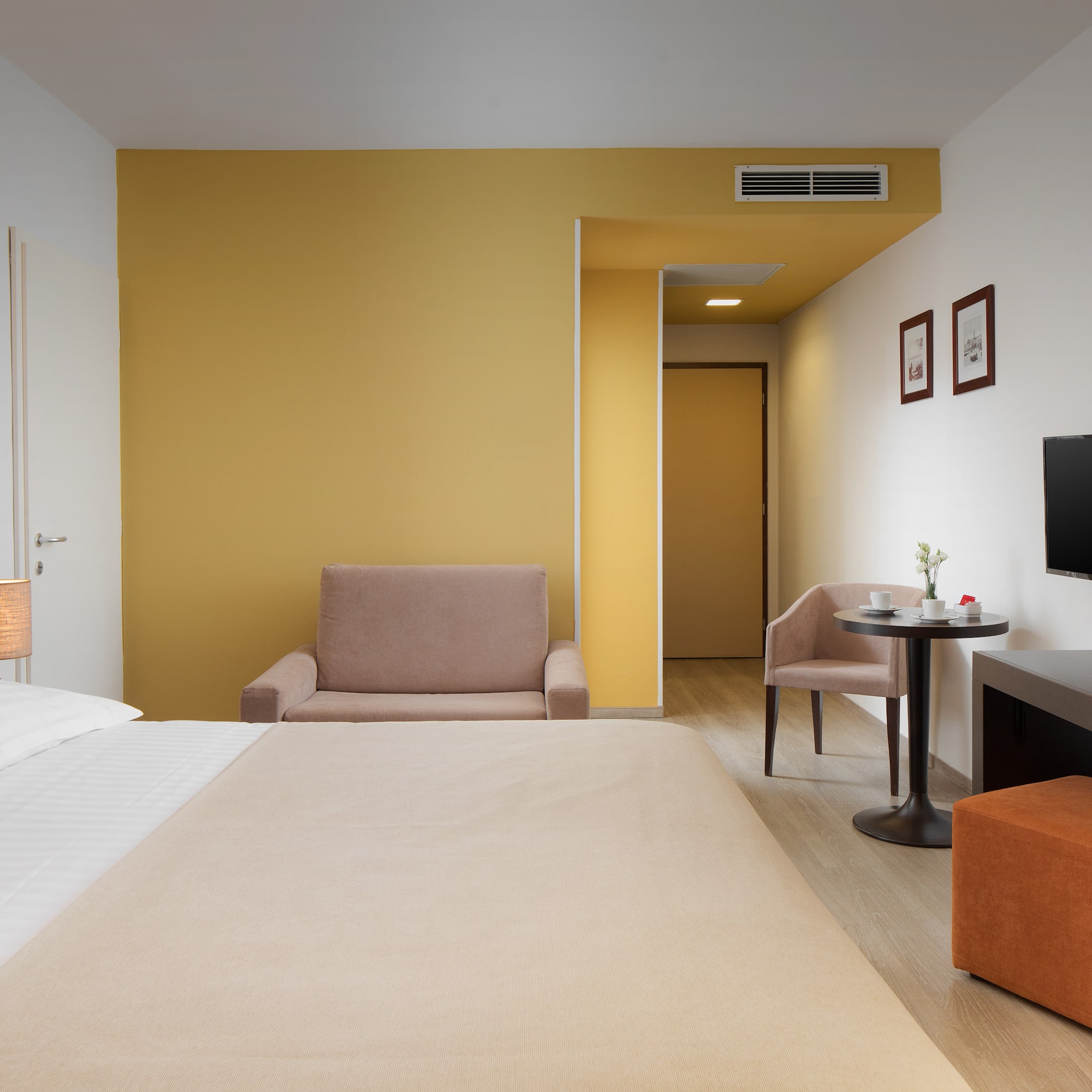 a room with a bed and a television