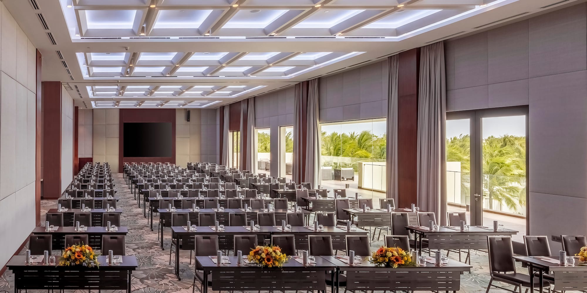 a room with tables and chairs