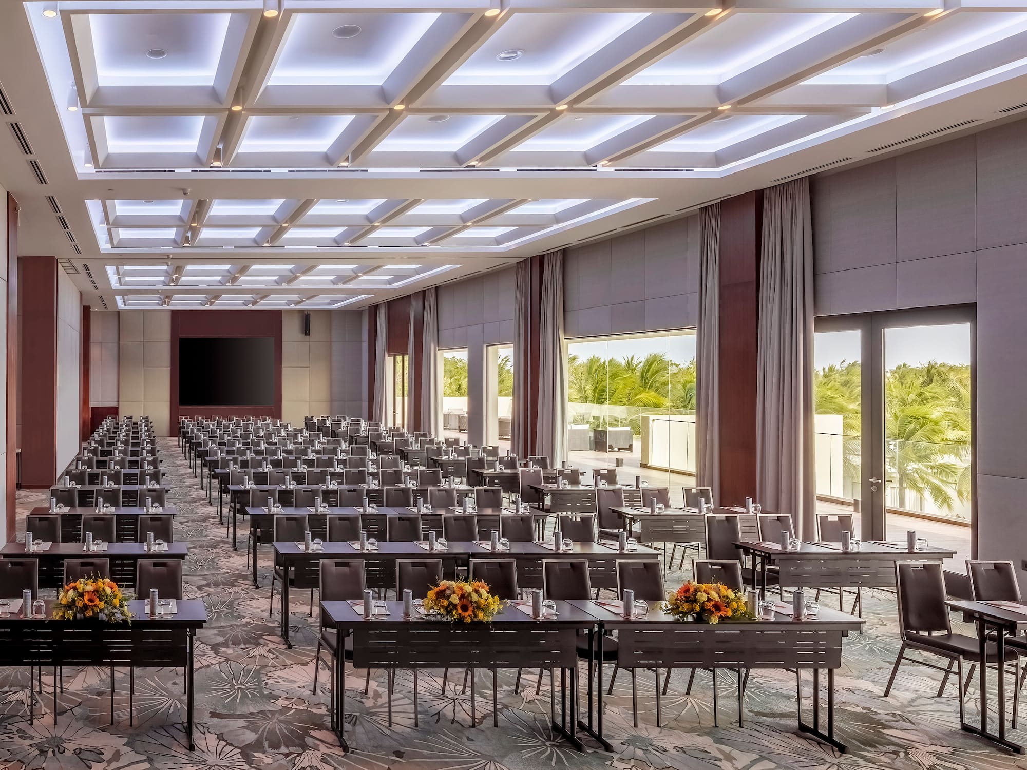 a room with tables and chairs