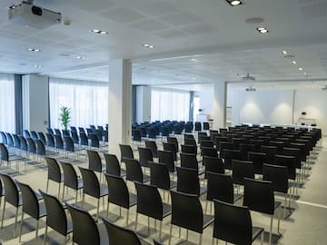 a room with rows of chairs