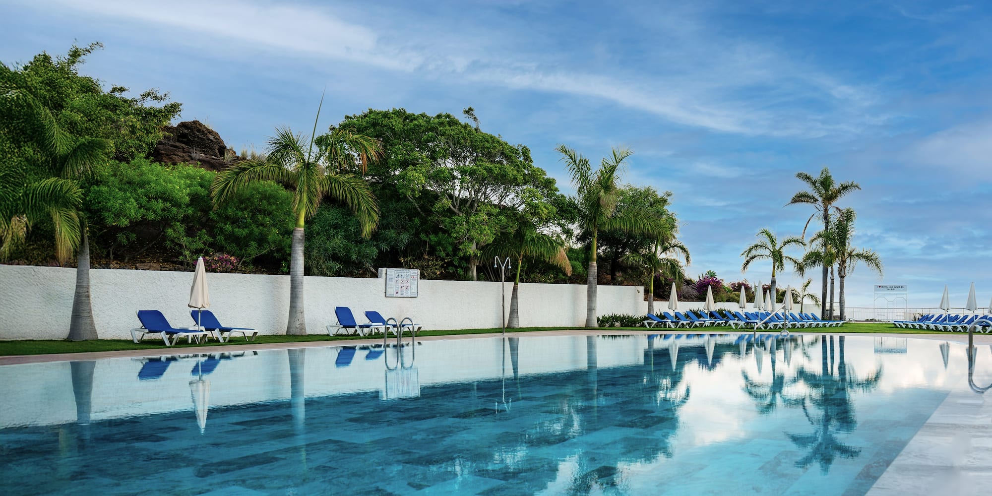 a pool with chairs and trees