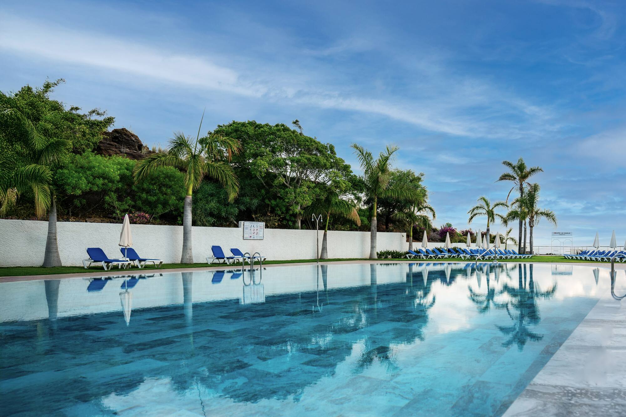 a pool with chairs and trees