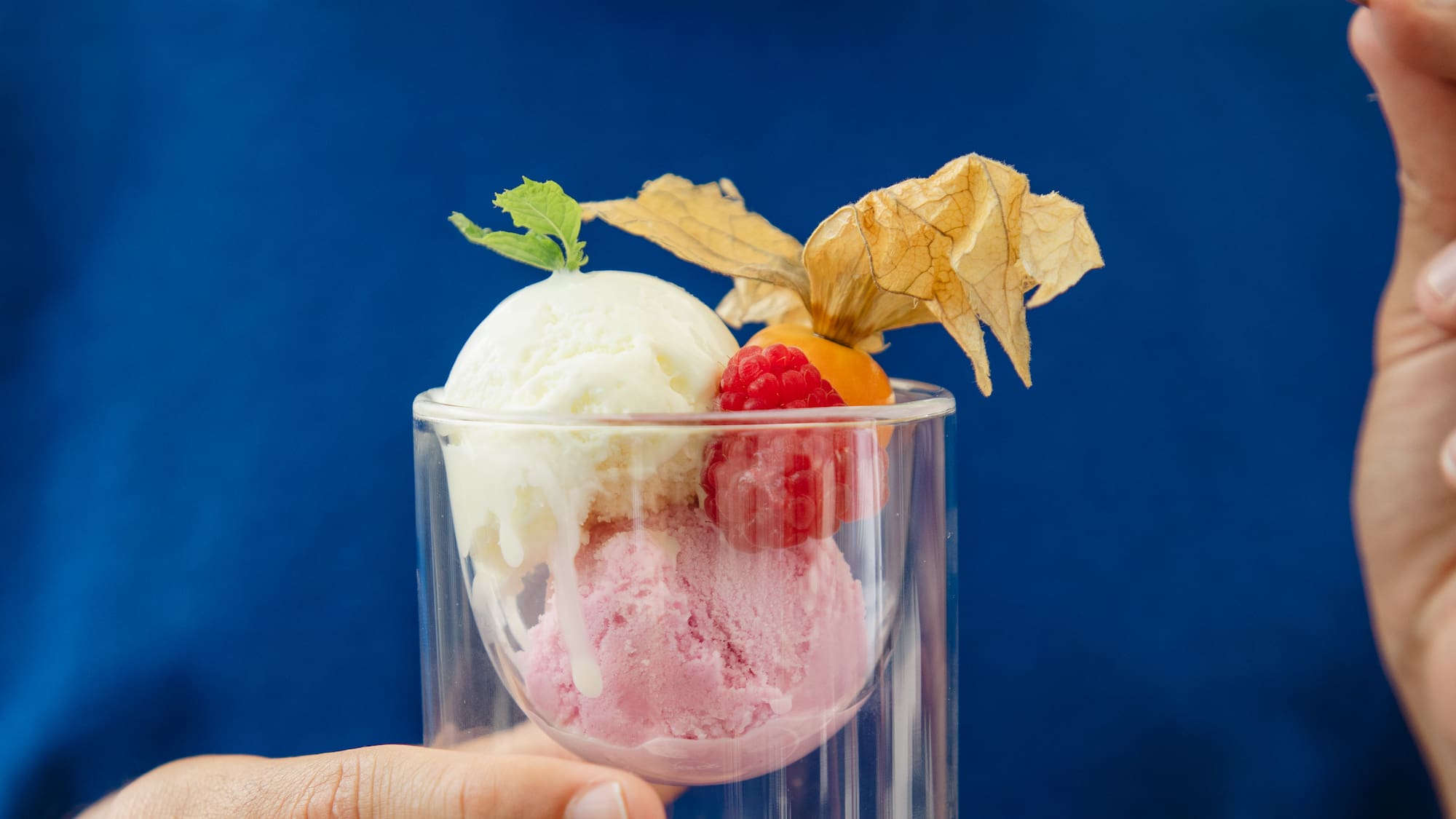 Man holding scoops of vanilla and raspberry ice cream with berries and mint.